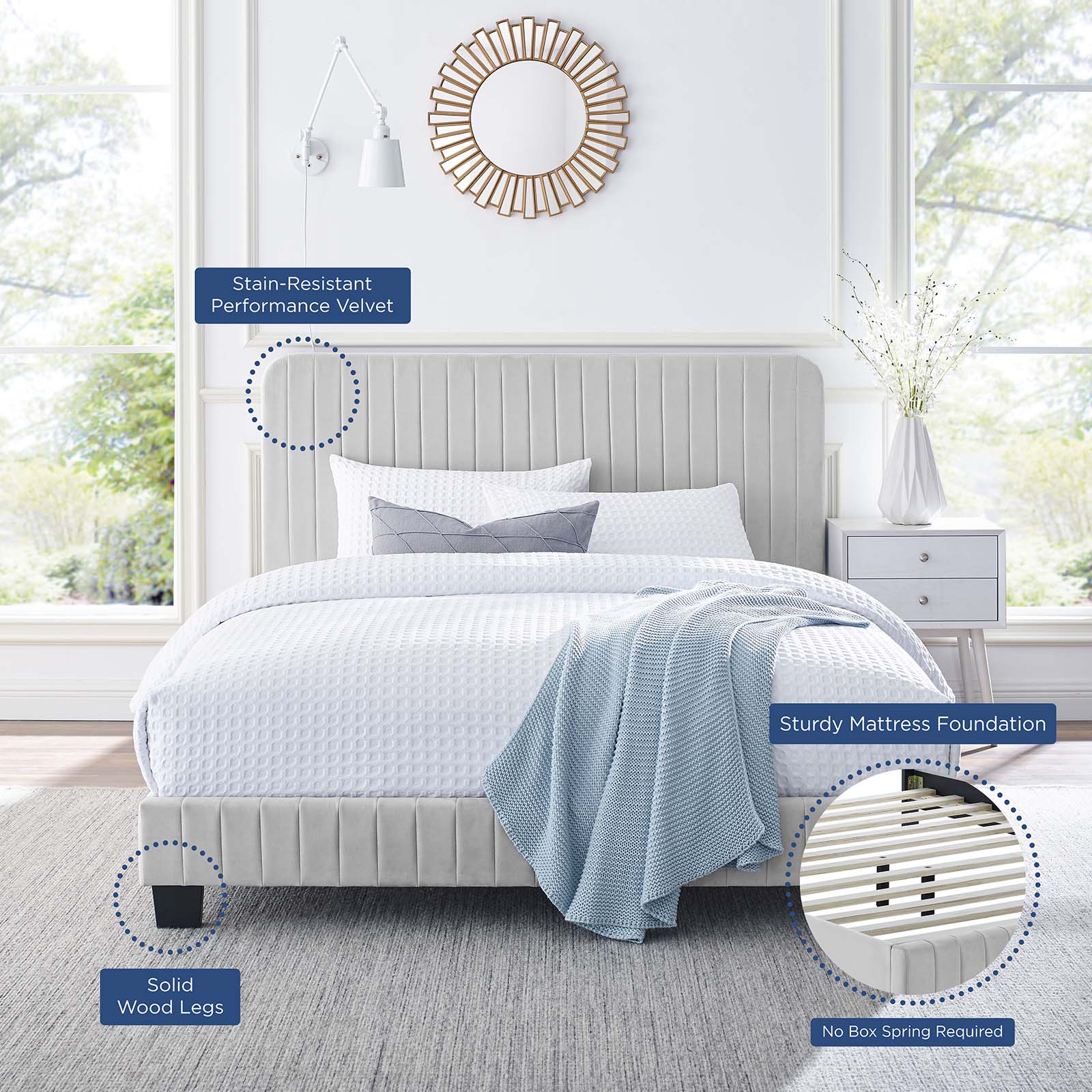 Modway Beds - Celine Channel Tufted Performance Velvet King Platform Bed Light Gray