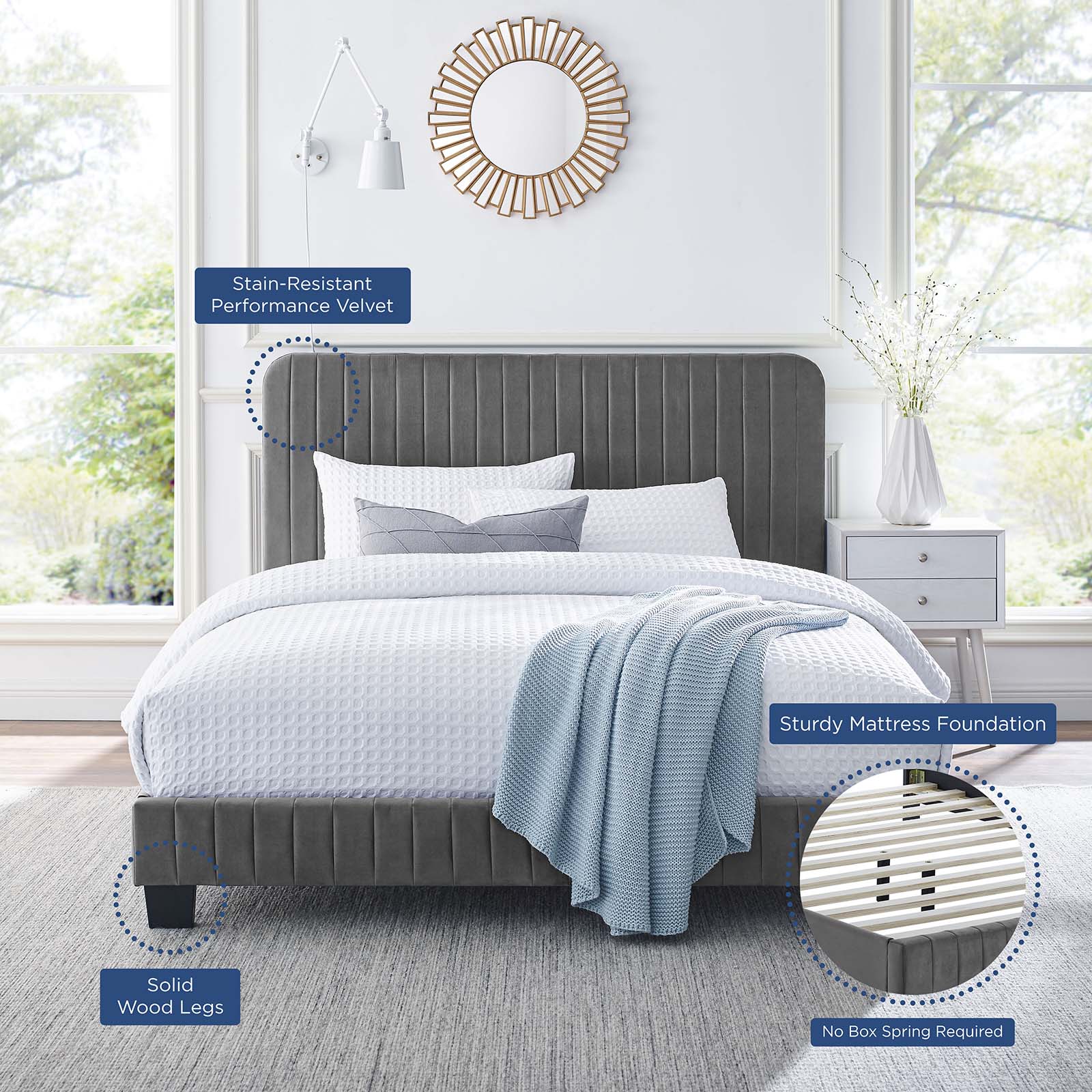 Modway Beds - Celine Channel Tufted Performance Velvet Queen Platform Bed Gray