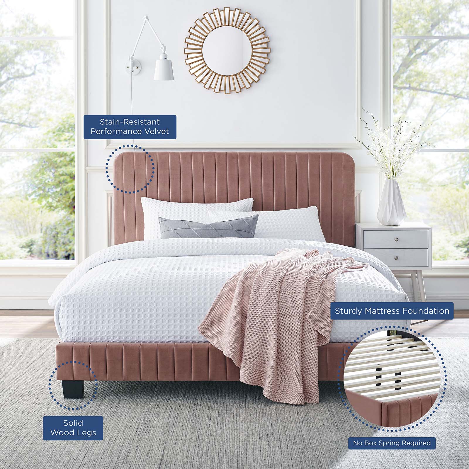 Modway Beds - Celine Channel Tufted Performance Velvet Full Platform Bed Dusty Rose
