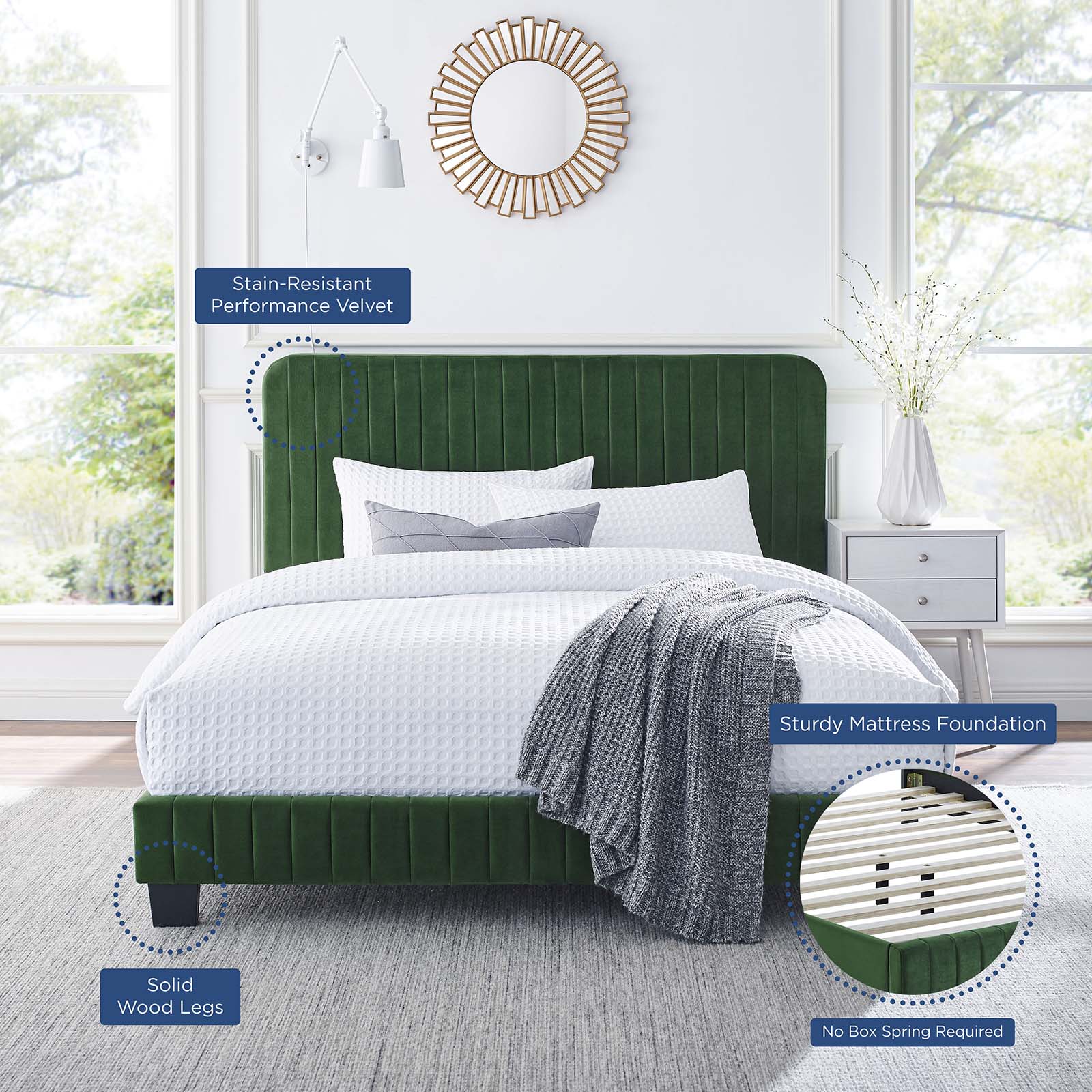 Modway Beds - Celine Channel Tufted Performance Velvet Full Platform Bed Emerald