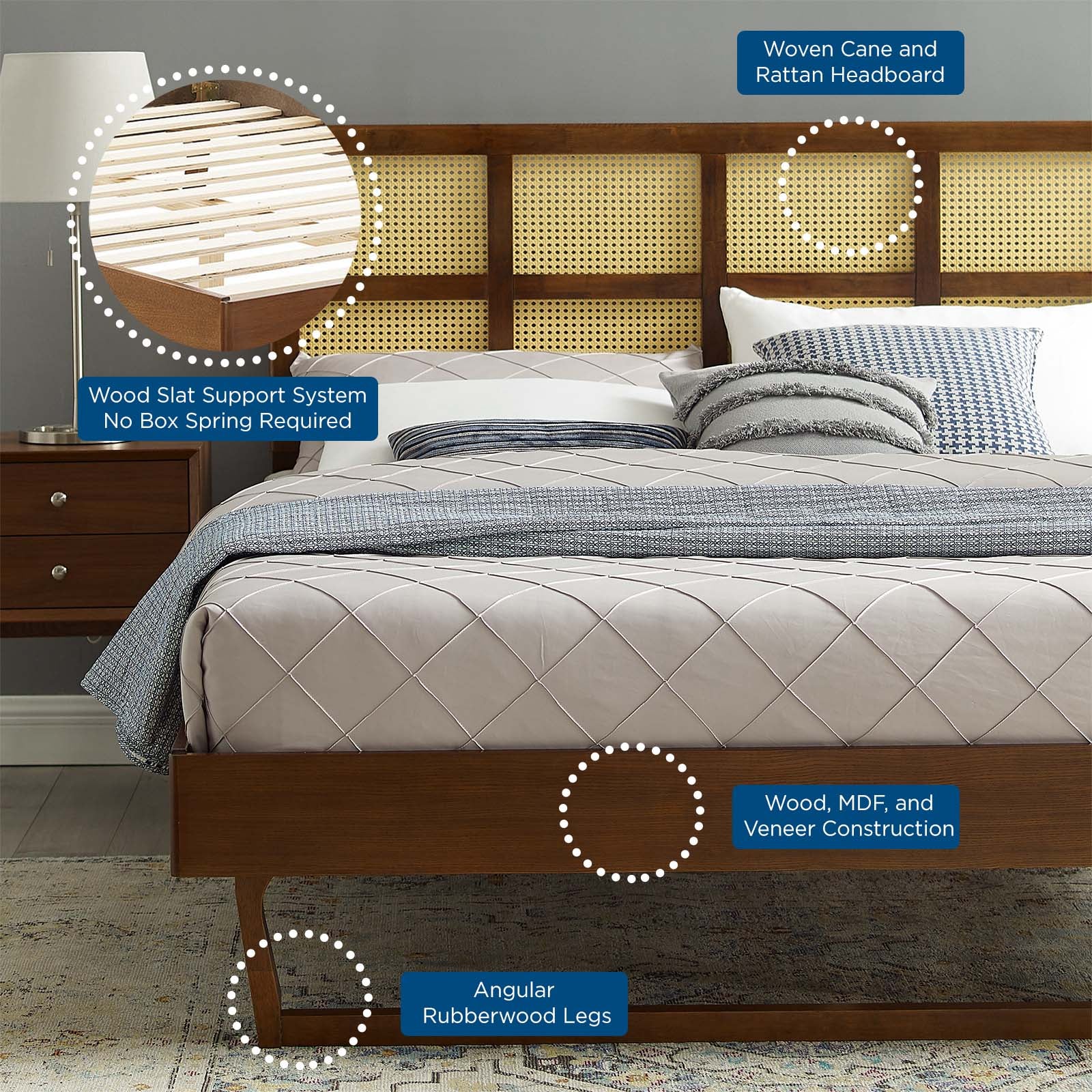 Modway Beds - Sidney Cane and Wood Full Platform Bed With Angular Legs Walnut