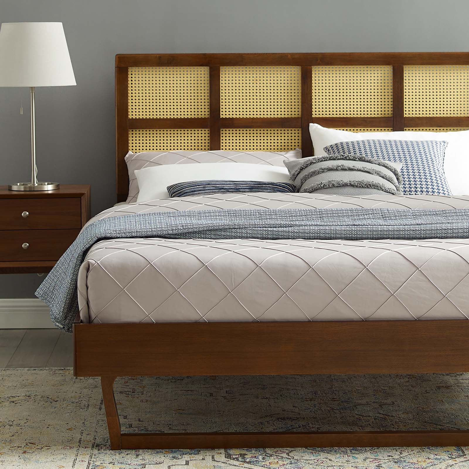 Modway Beds - Sidney Cane and Wood Full Platform Bed With Angular Legs Walnut