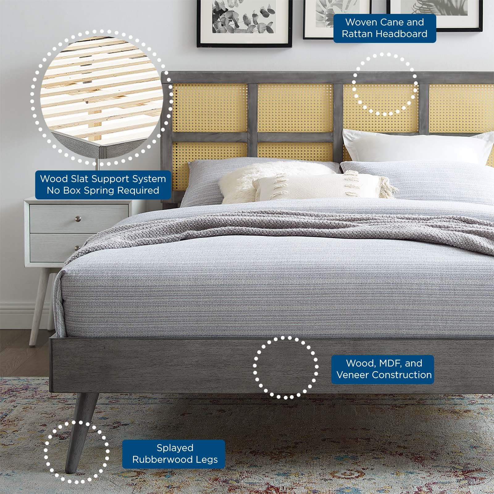 Modway Beds - Sidney Cane and Wood Full Platform Bed With Splayed Legs Gray