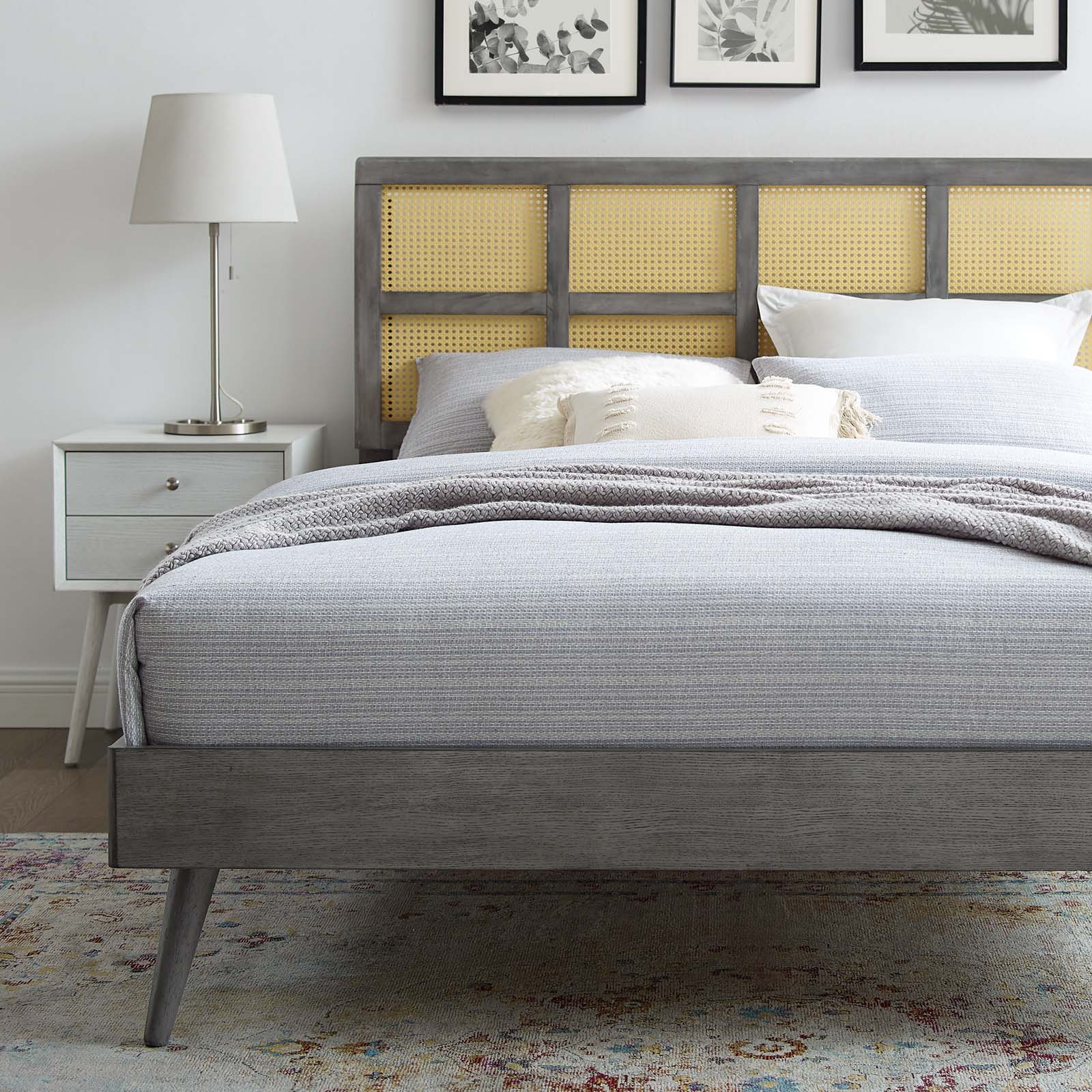 Modway Beds - Sidney Cane and Wood Full Platform Bed With Splayed Legs Gray