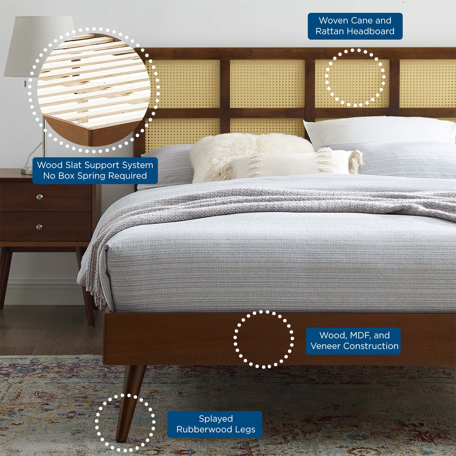 Modway Beds - Sidney Cane and Wood Full Platform Bed With Splayed Legs Walnut