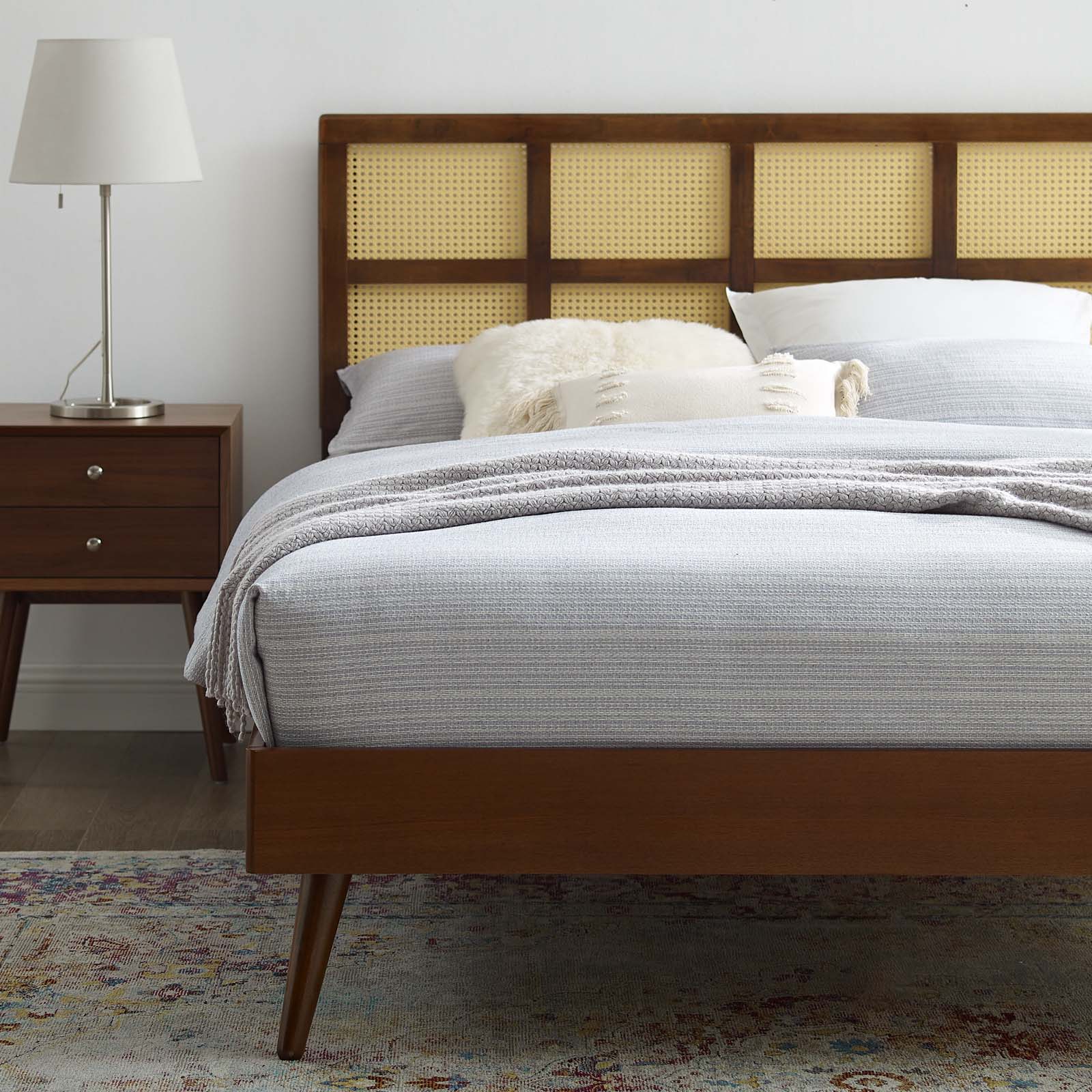 Modway Beds - Sidney Cane and Wood Full Platform Bed With Splayed Legs Walnut