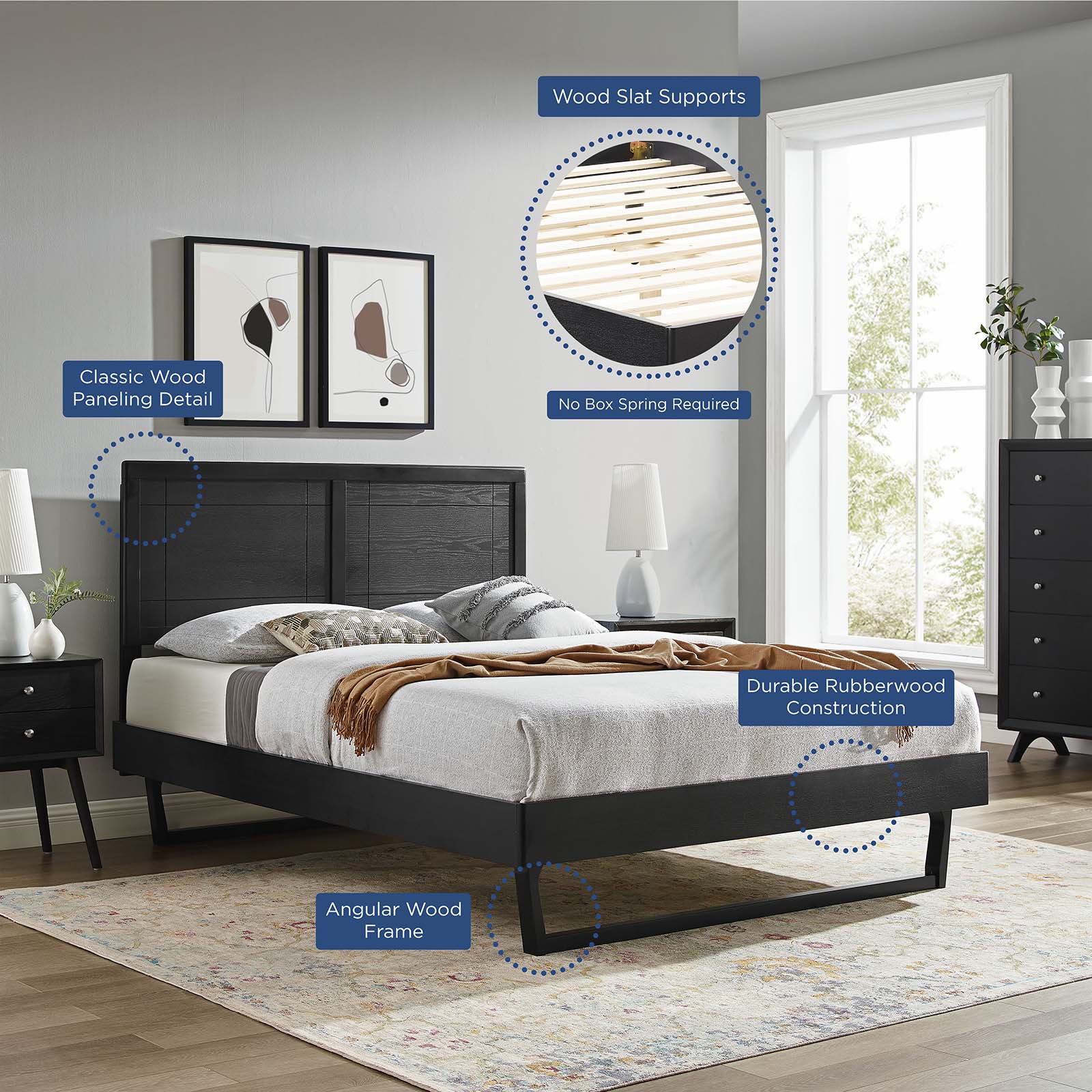 Modway Beds - Marlee Queen Wood Platform Bed With Angular Frame Black