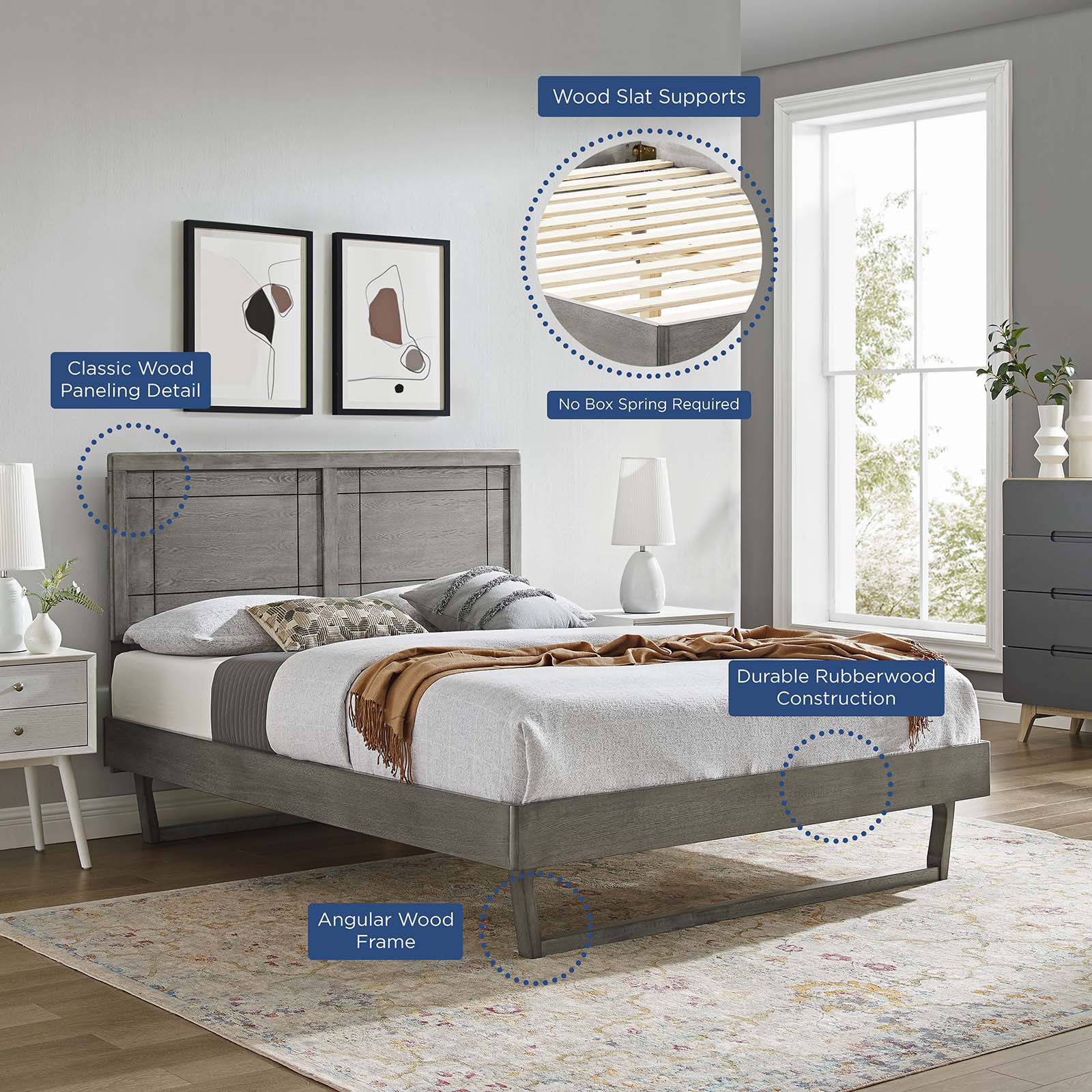 Modway Beds - Marlee Queen Wood Platform Bed With Angular Frame Gray