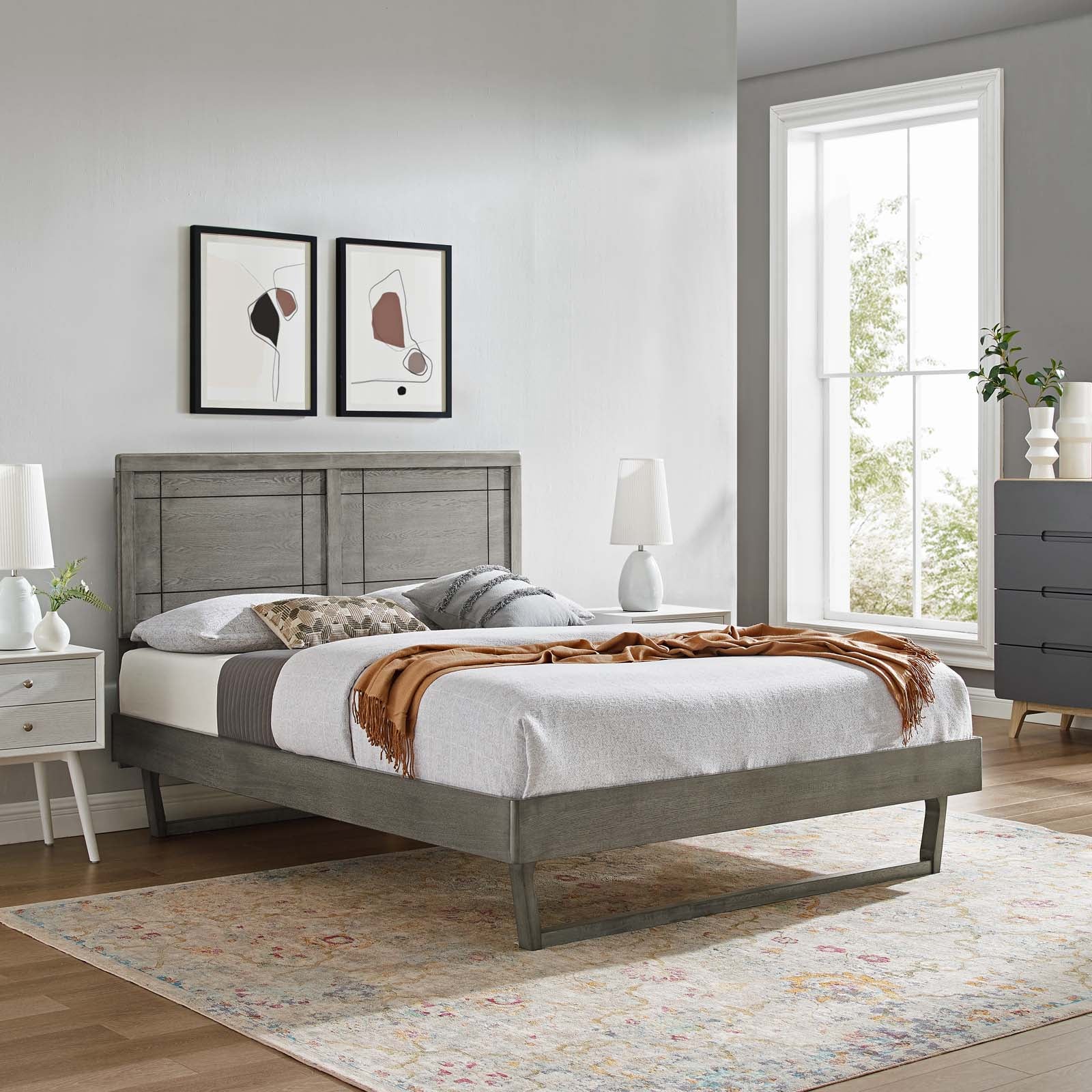 Modway Beds - Marlee Queen Wood Platform Bed With Angular Frame Gray