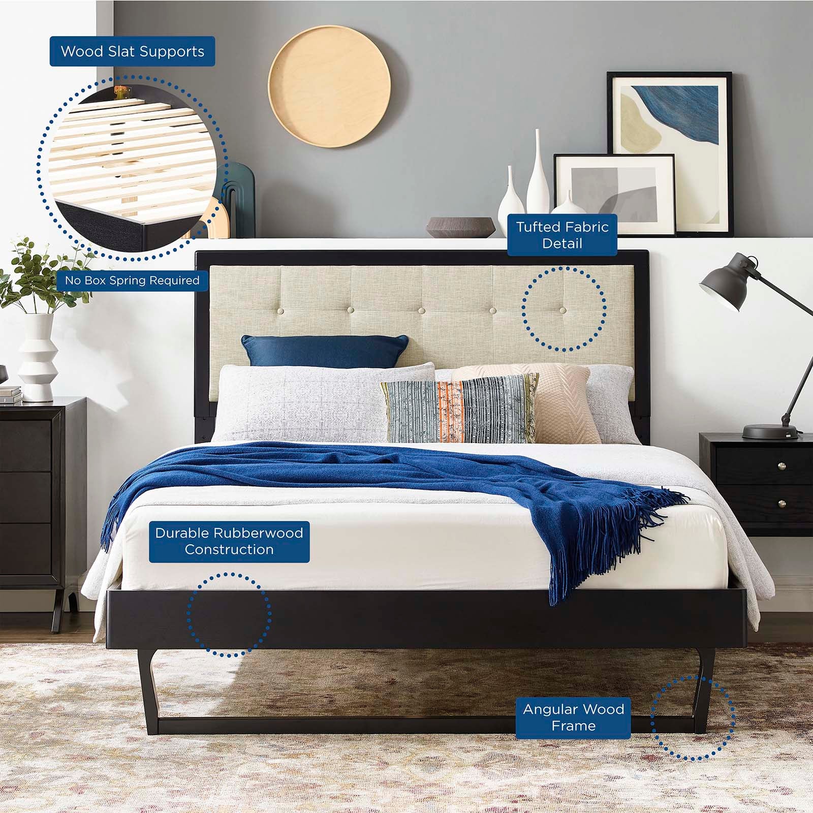 Modway Beds - Willow Queen Wood Platform Bed With Angular Frame Black Beige