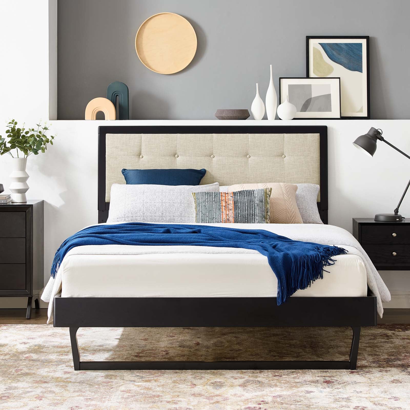 Modway Beds - Willow Queen Wood Platform Bed With Angular Frame Black Beige