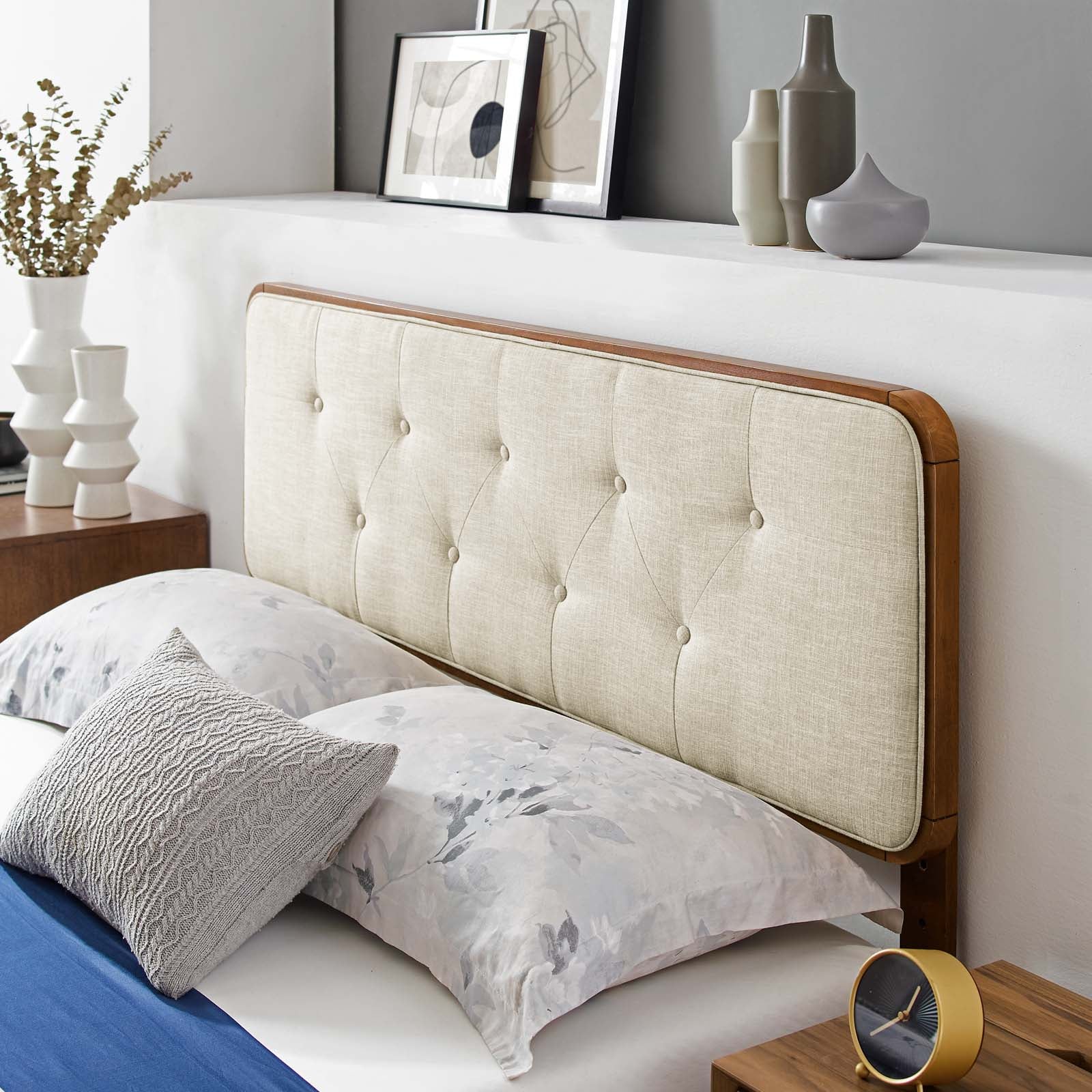 Modway Beds - Bridgette Queen Wood Platform Bed With Angular Frame Walnut Beige