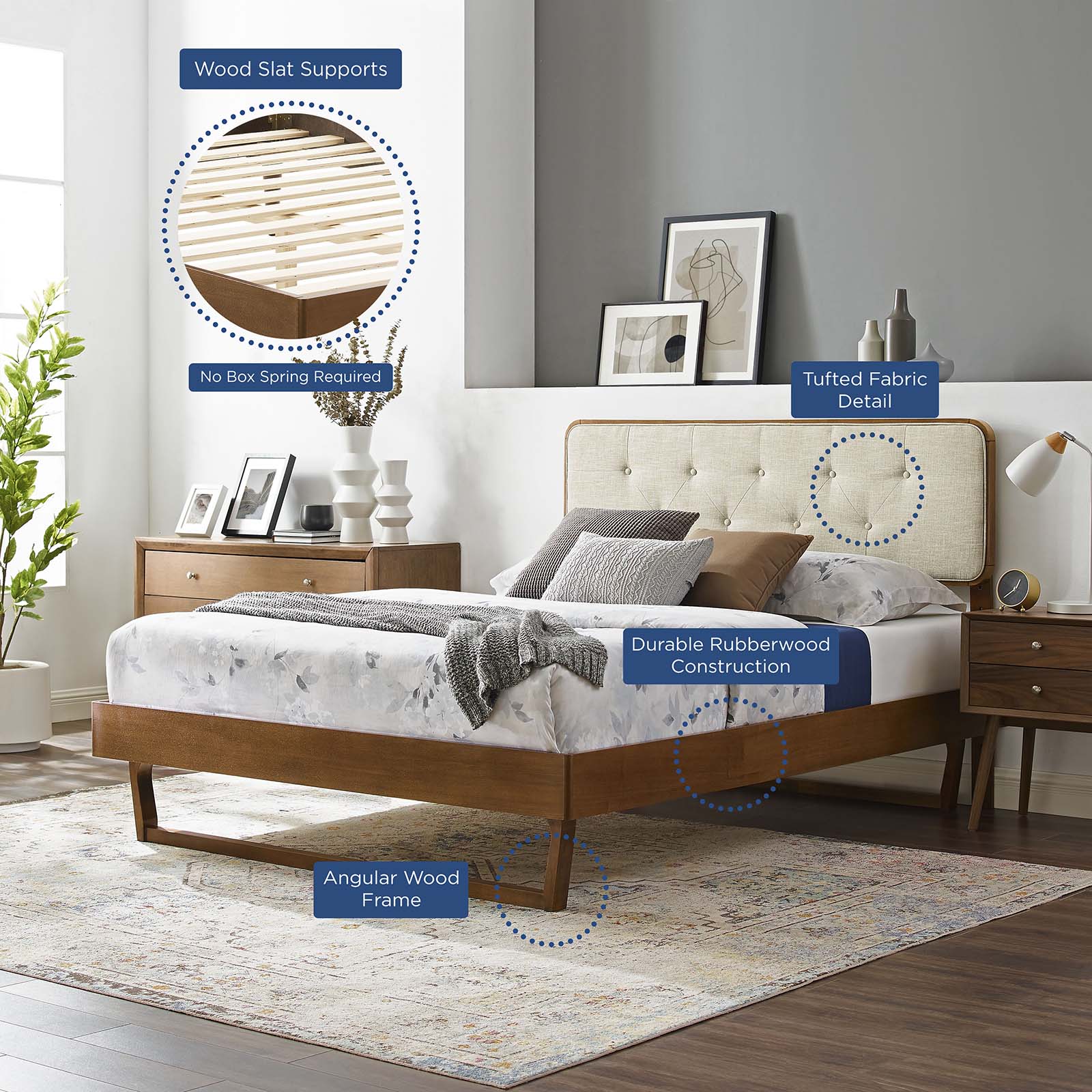 Modway Beds - Bridgette Queen Wood Platform Bed With Angular Frame Walnut Beige