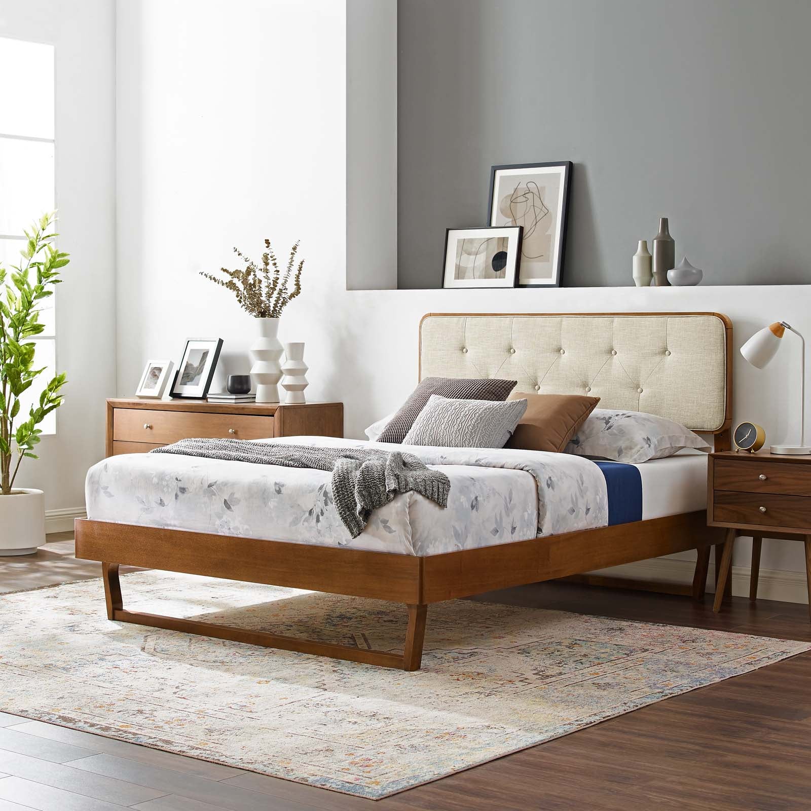 Modway Beds - Bridgette Queen Wood Platform Bed With Angular Frame Walnut Beige
