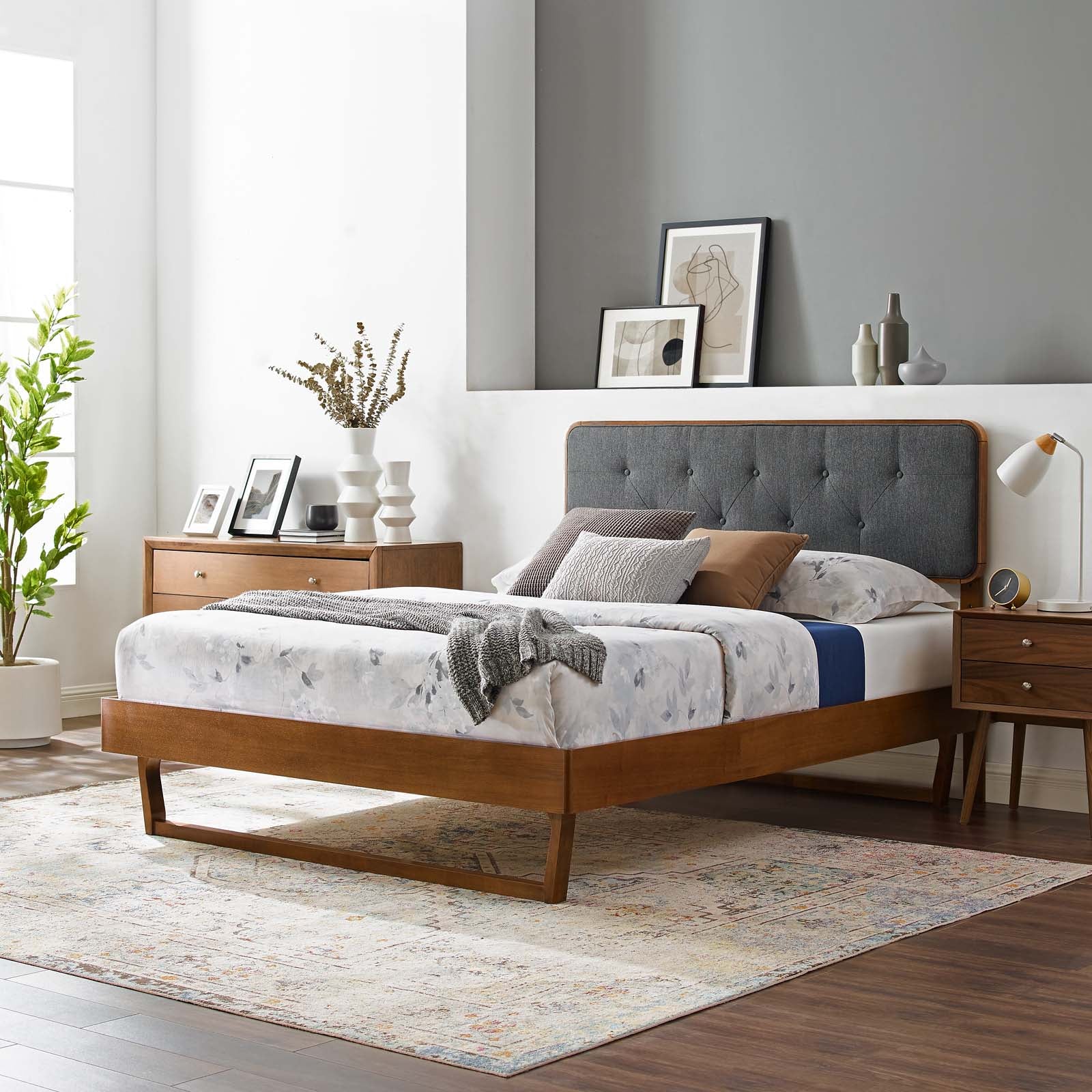 Modway Beds - Bridgette Queen Wood Platform Bed With Angular Frame Walnut Charcoal