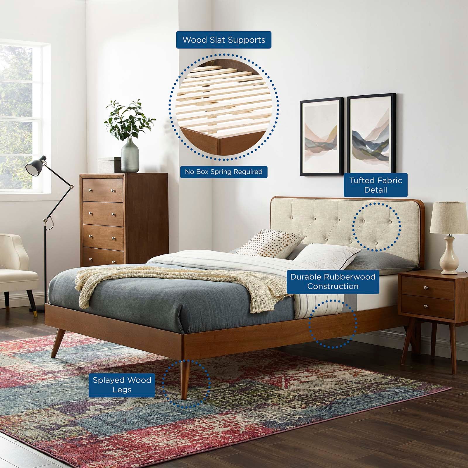 Modway Beds - Bridgette Queen Wood Platform Bed With Splayed Legs Walnut Beige