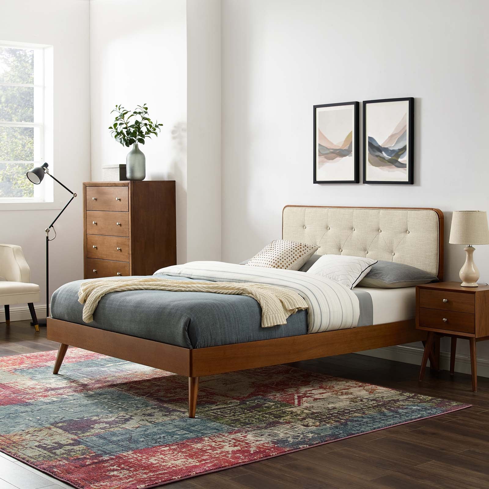 Modway Beds - Bridgette Queen Wood Platform Bed With Splayed Legs Walnut Beige