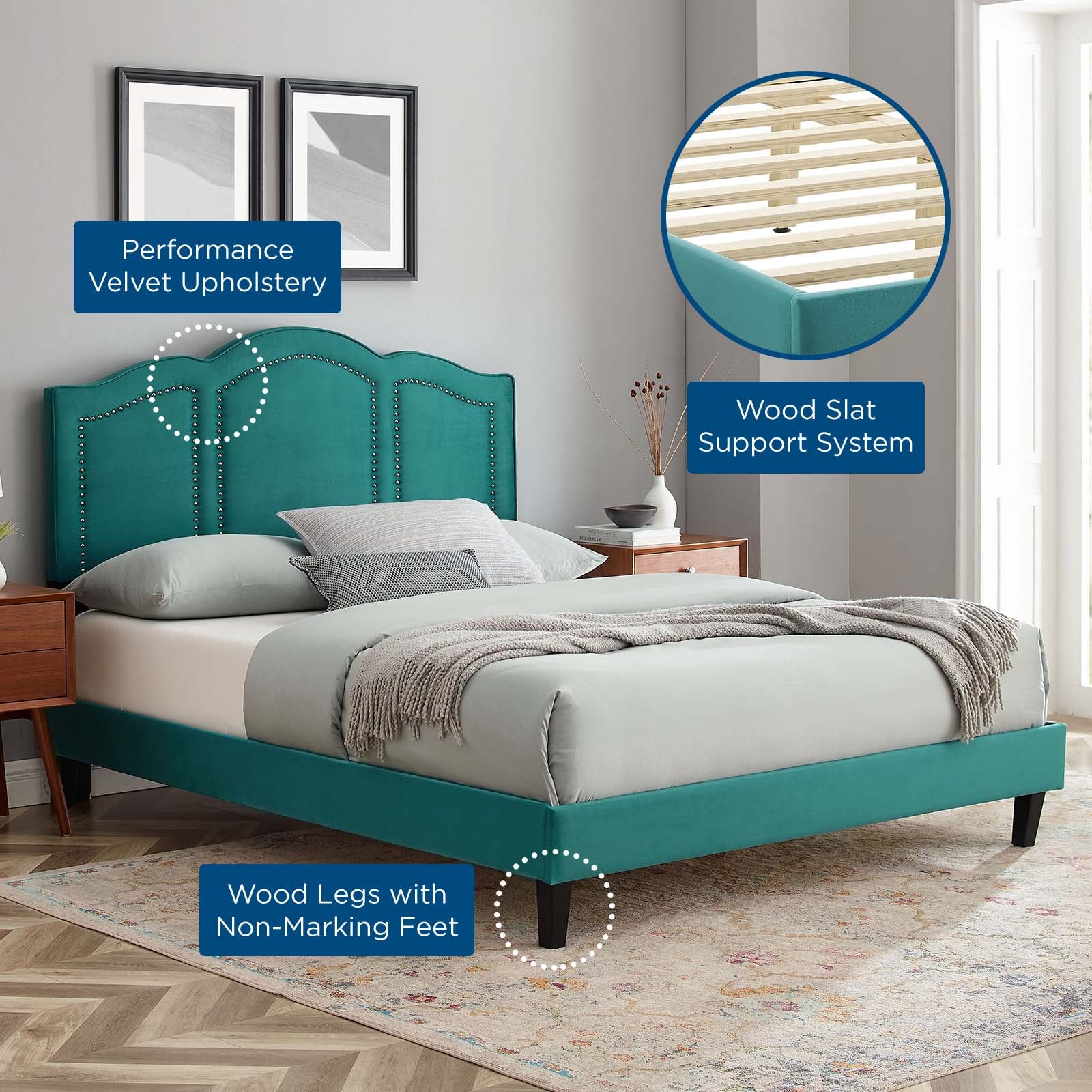 Modway Headboards - Emerson Performance Velvet Queen Platform Bed Teal