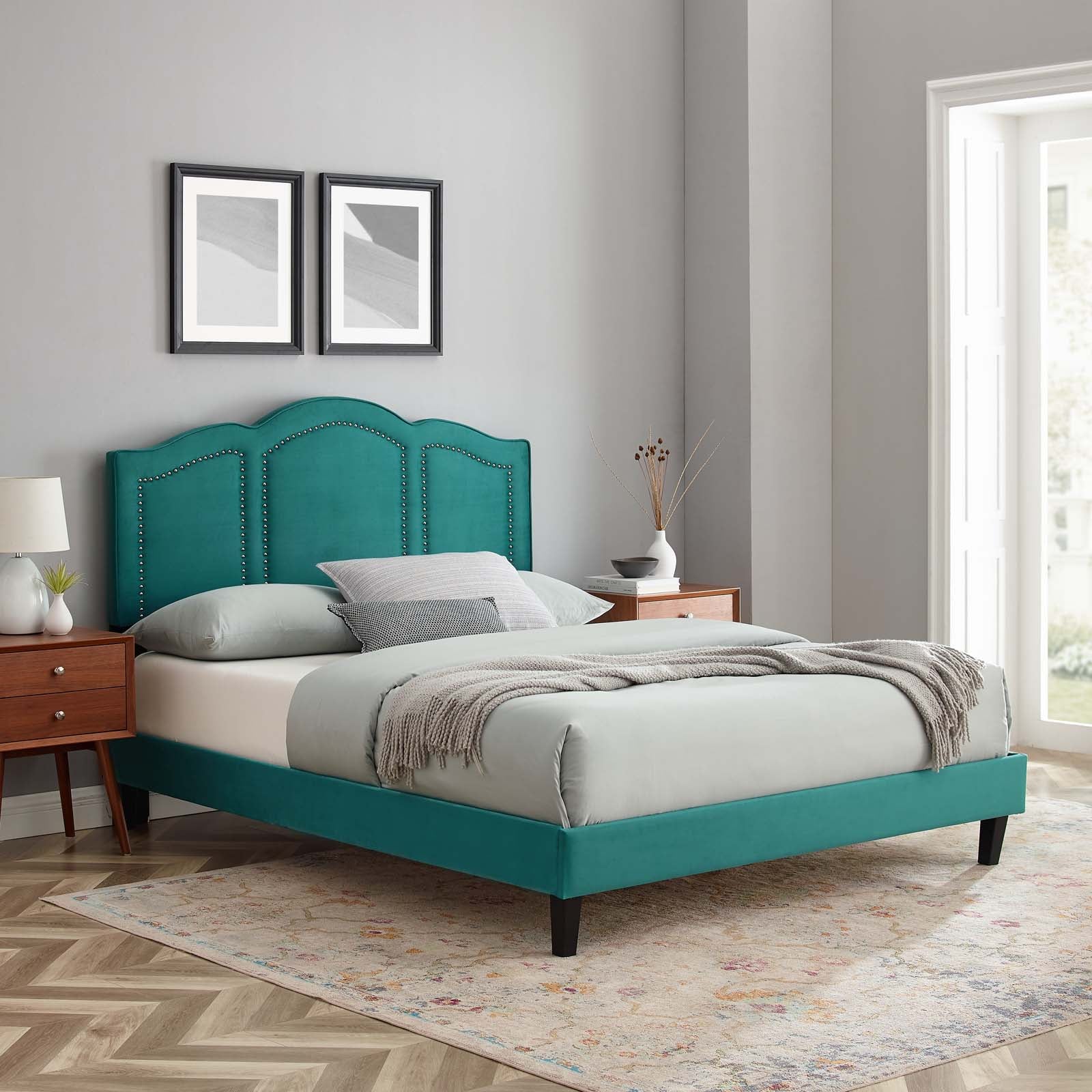 Modway Headboards - Emerson Performance Velvet Queen Platform Bed Teal