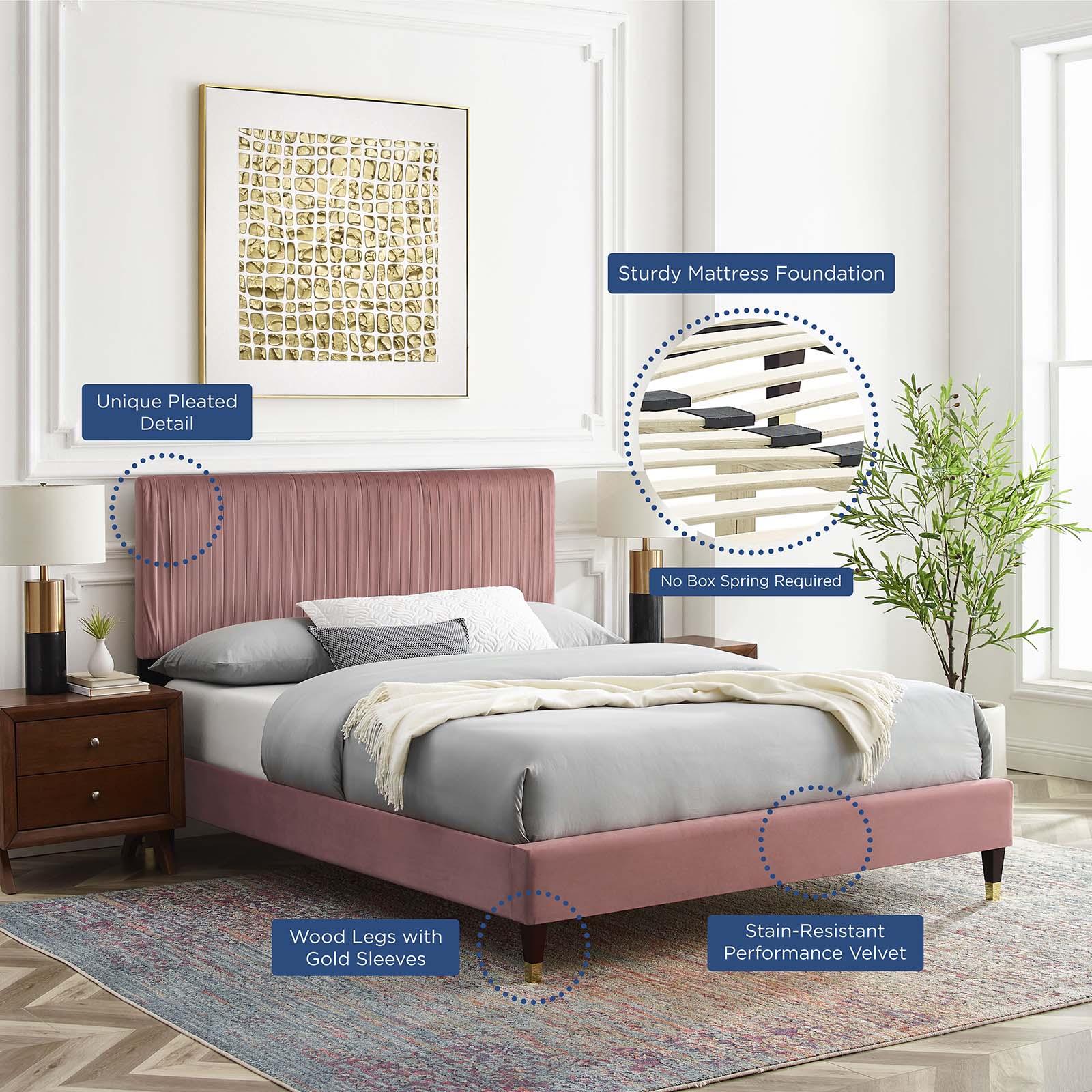 Modway Beds - Peyton Performance Velvet Queen Platform Bed Dusty Rose