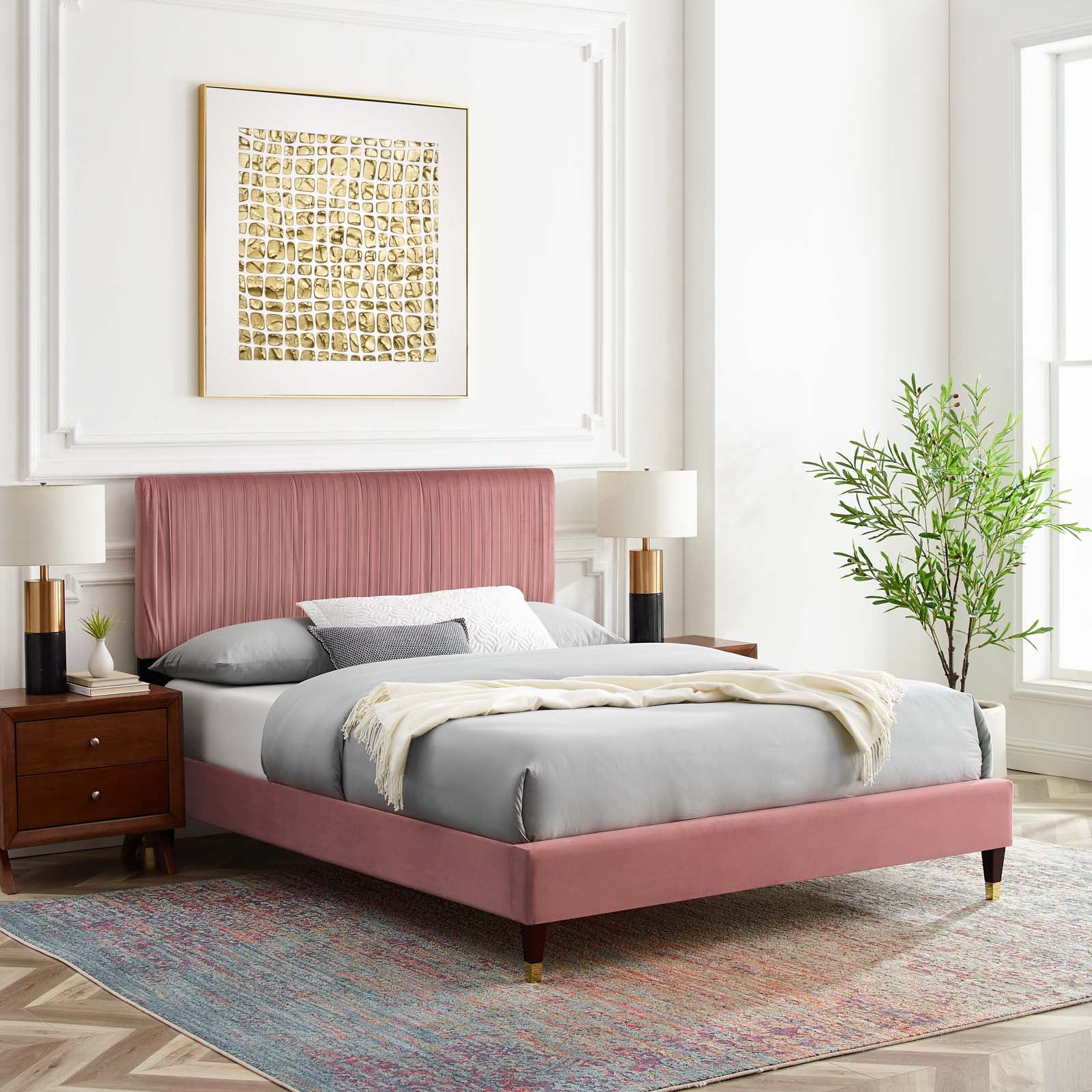 Modway Beds - Peyton Performance Velvet Queen Platform Bed Dusty Rose