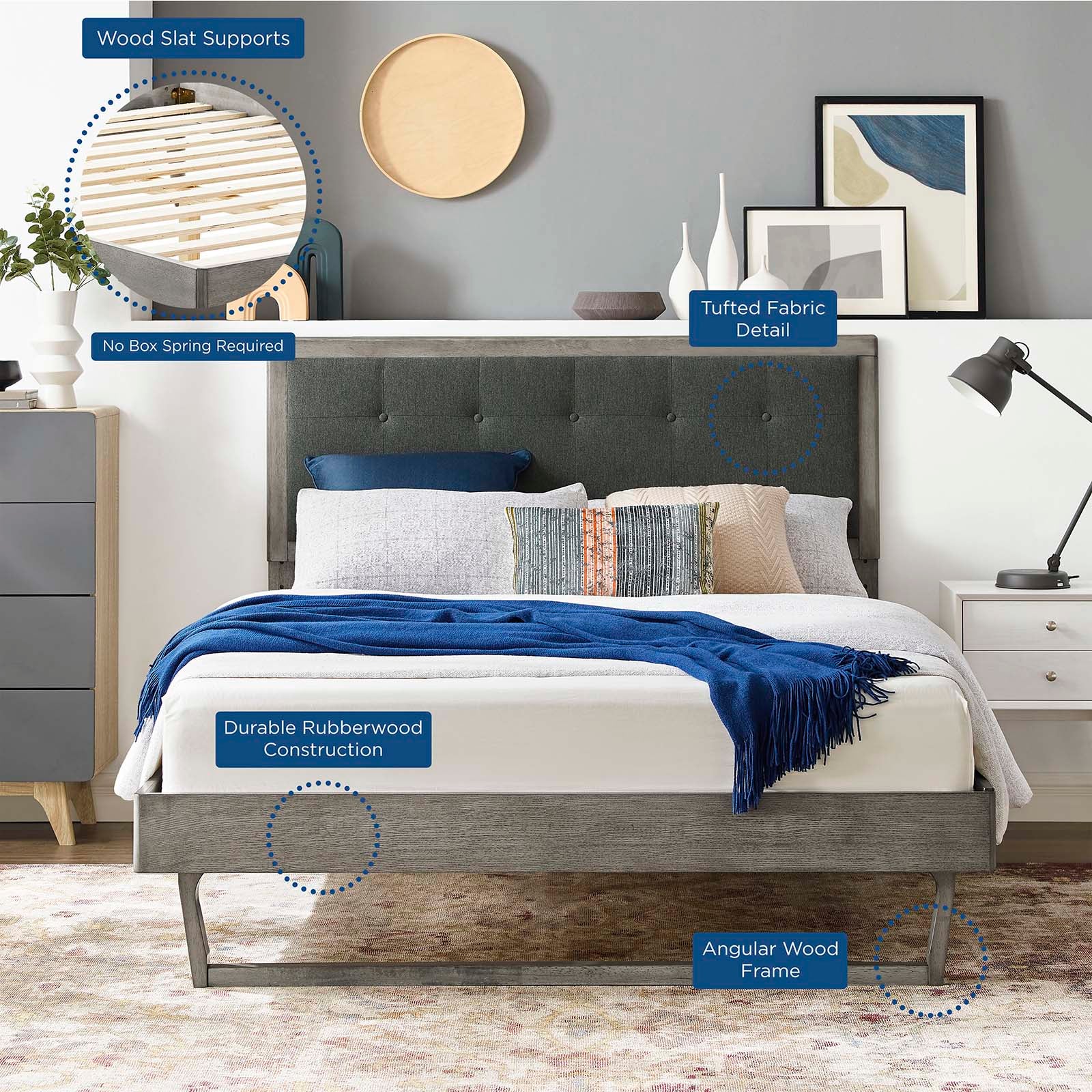 Modway Beds - Willow Full Wood Platform Bed With Angular Frame Gray Charcoal