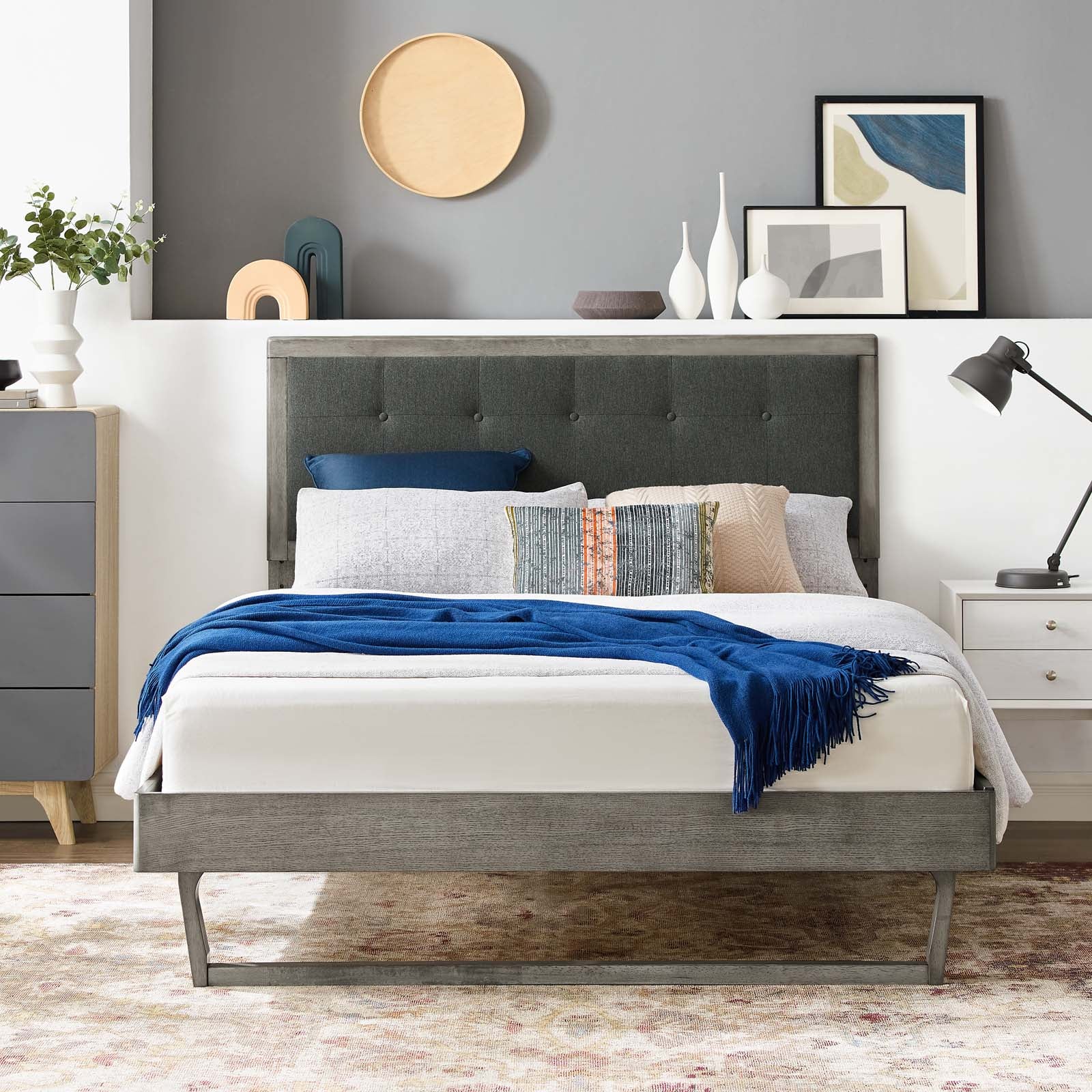 Modway Beds - Willow Full Wood Platform Bed With Angular Frame Gray Charcoal