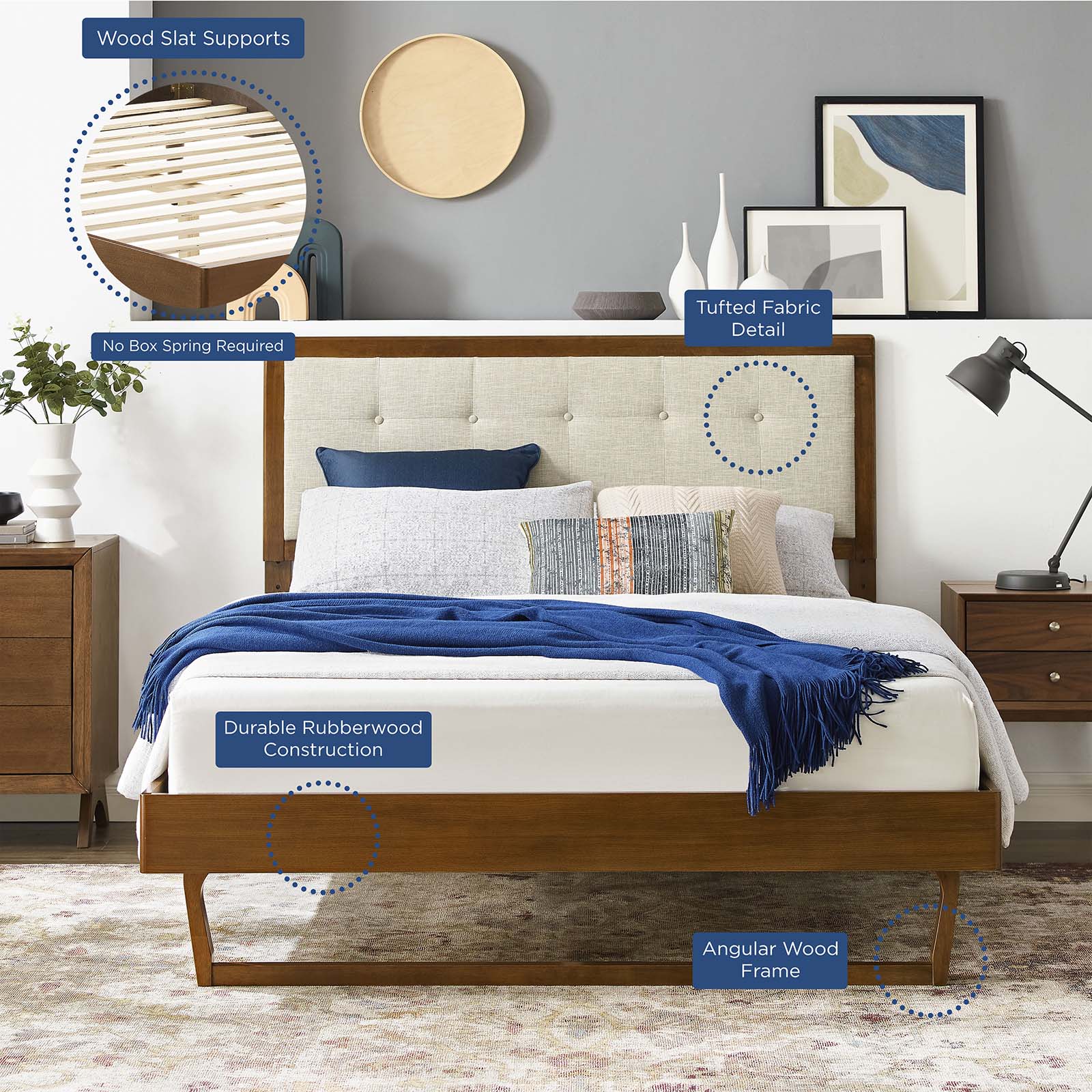 Modway Beds - Willow King Wood Platform Bed With Angular Frame Walnut Beige