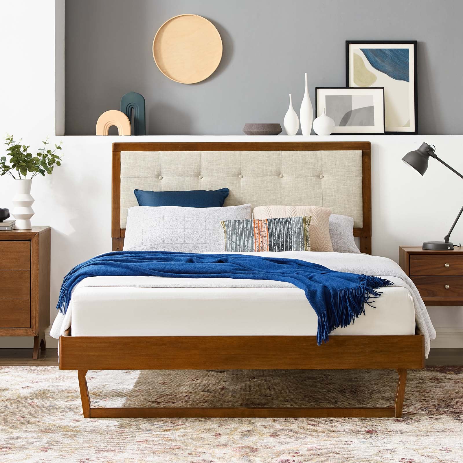 Modway Beds - Willow King Wood Platform Bed With Angular Frame Walnut Beige