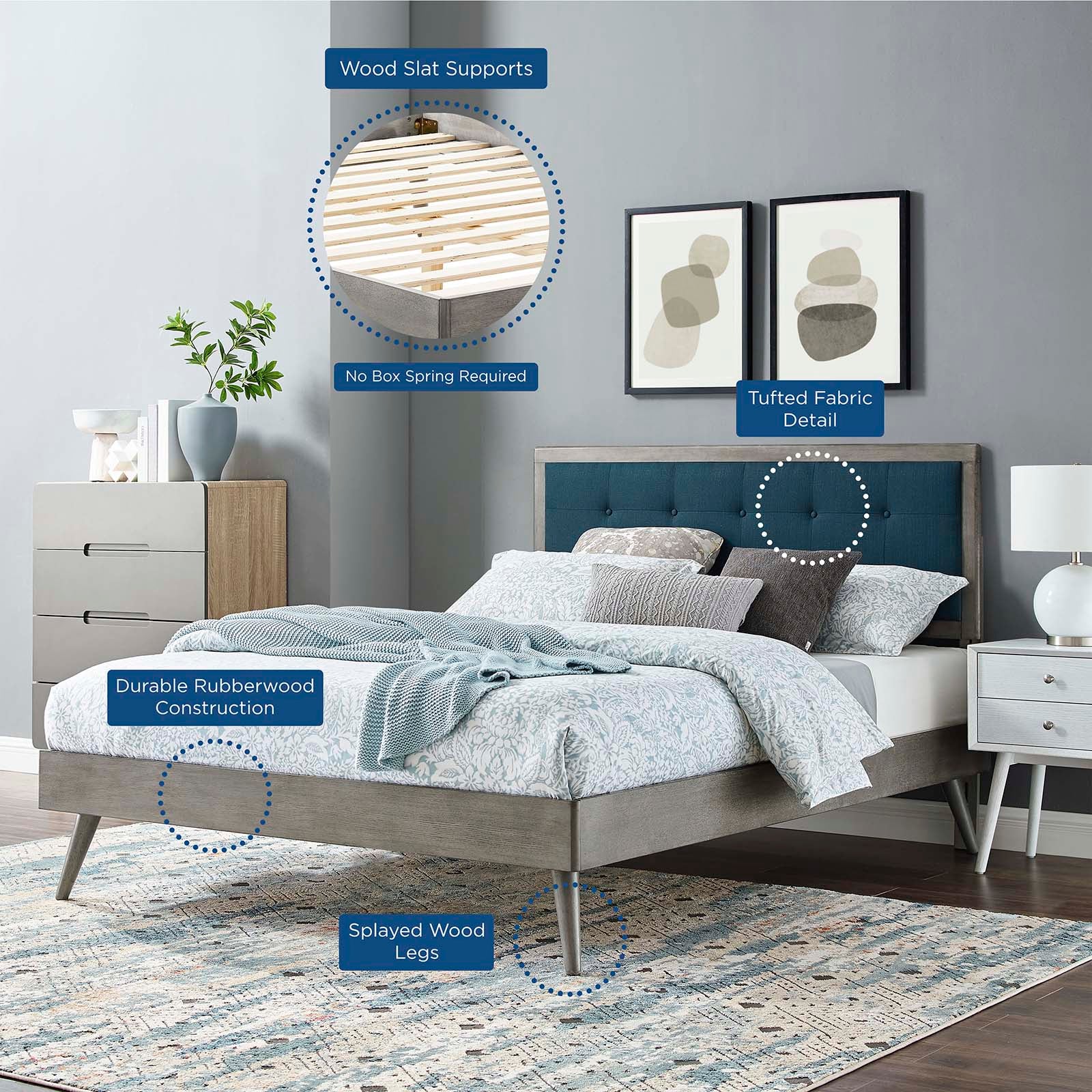Modway Beds - Willow King Wood Platform Bed With Splayed Legs Gray Azure