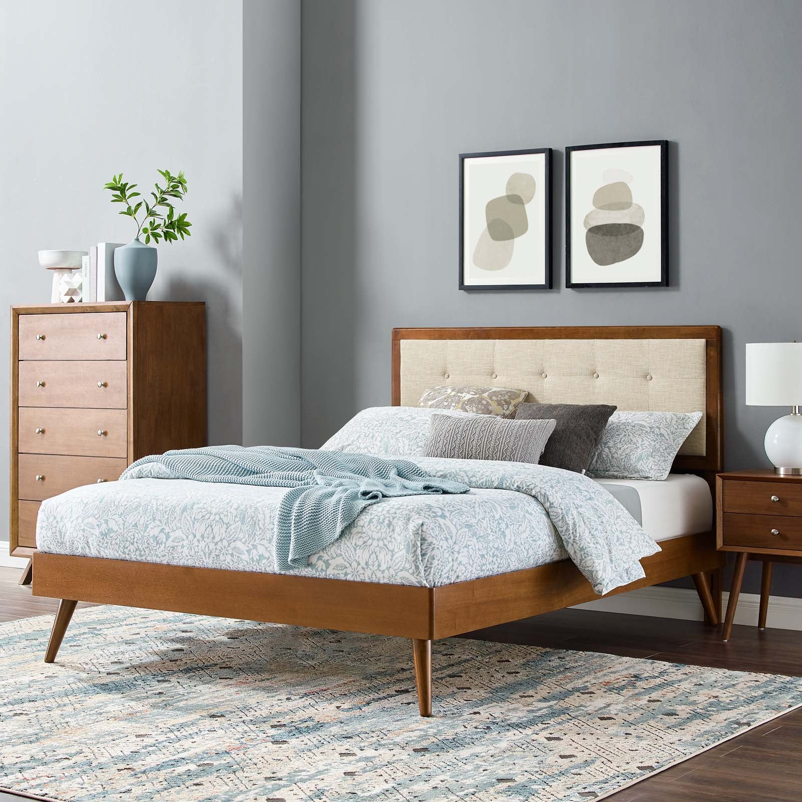 Modway Beds - Willow King Wood Platform Bed With Splayed Legs Walnut Beige