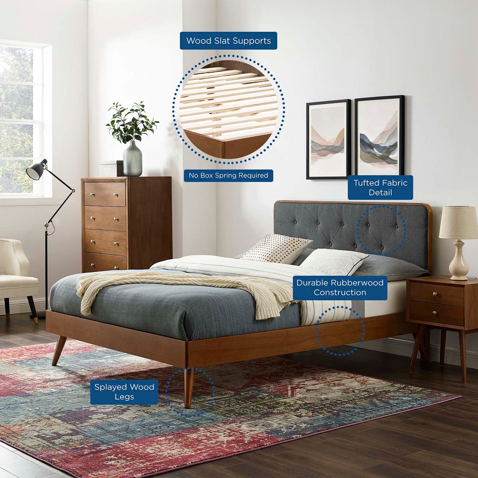 Modway Beds - Bridgette Twin Wood Platform Bed With Splayed Legs Walnut Charcoal