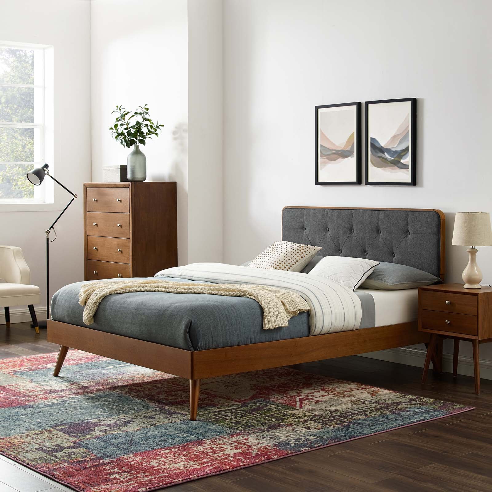 Modway Beds - Bridgette Twin Wood Platform Bed With Splayed Legs Walnut Charcoal