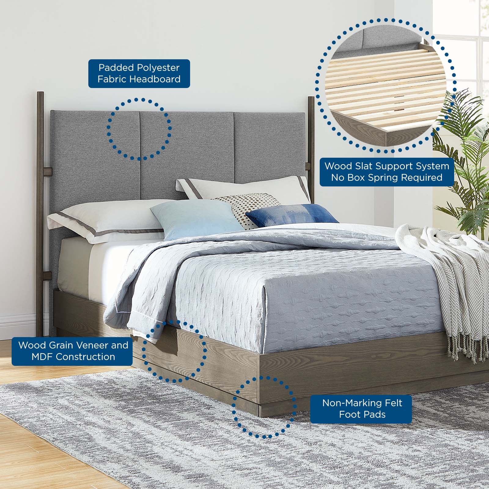 Modway Beds - Merritt Upholstered Queen Platform Bed Oak Light Gray