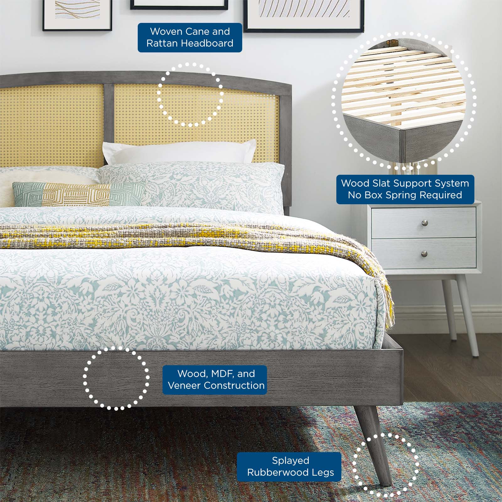 Modway Beds - Sierra Cane and Wood Full Platform Bed With Splayed Legs Gray