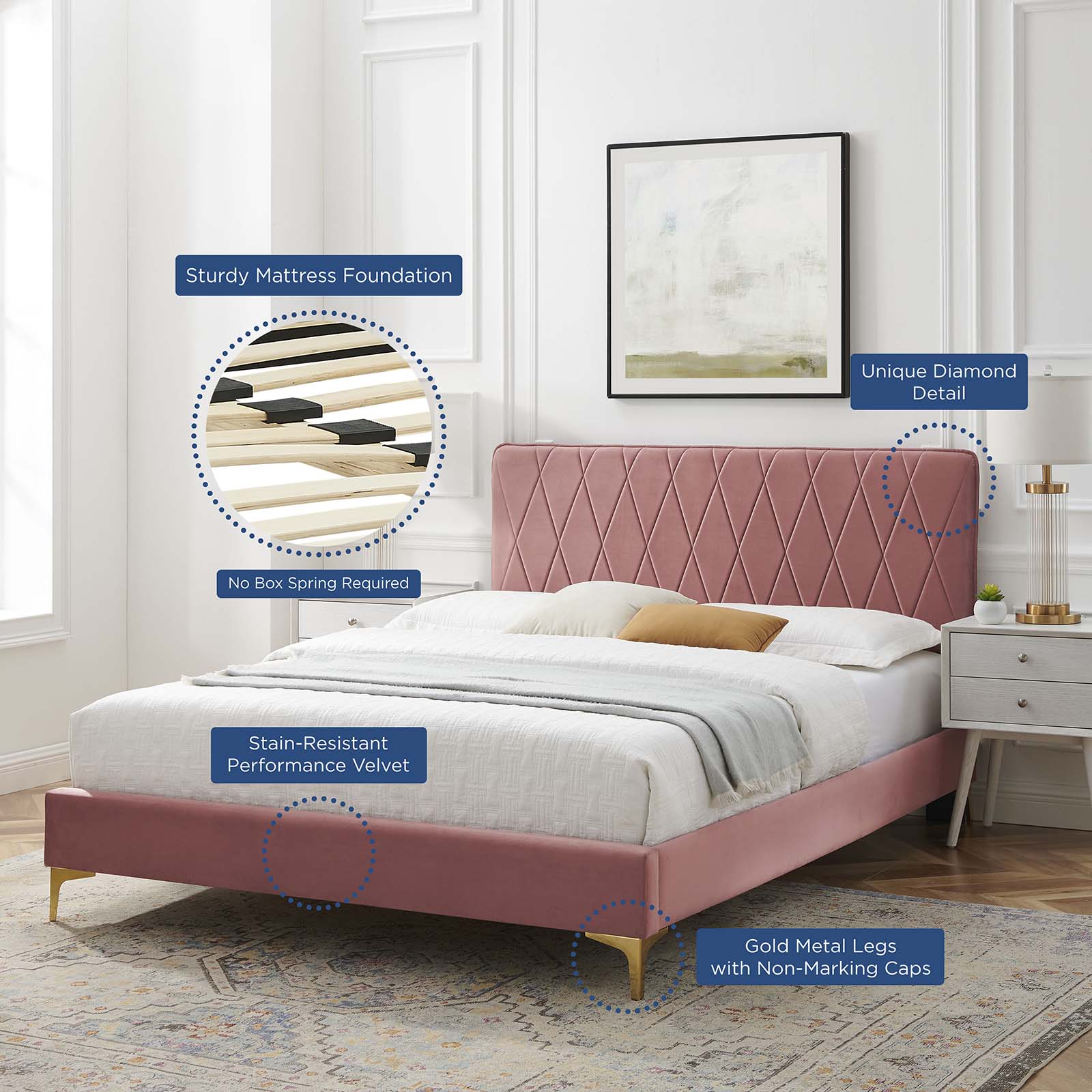 Modway Beds - Phillipa Velvet Queen Platform Bed Dusty Rose