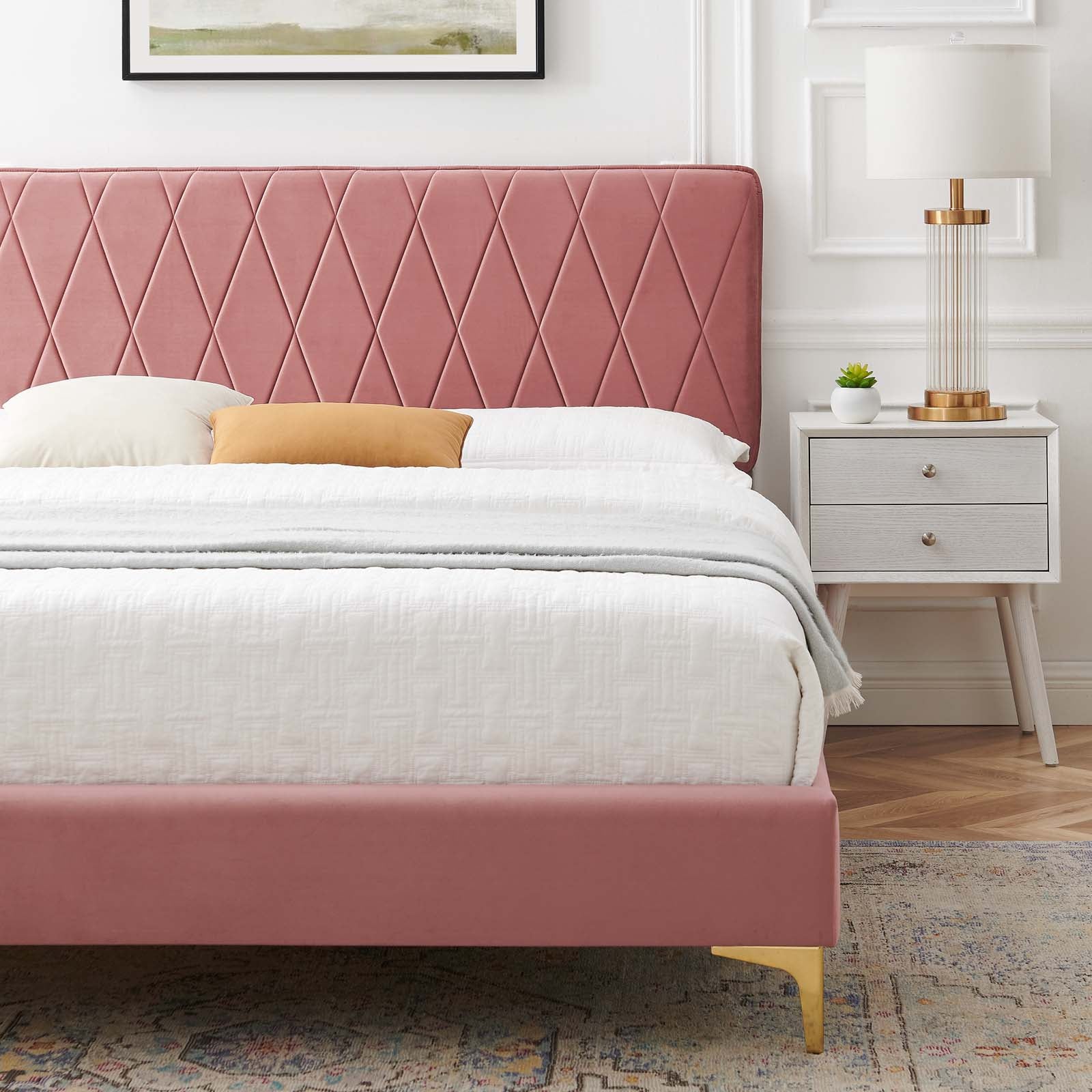 Modway Beds - Phillipa Velvet Queen Platform Bed Dusty Rose
