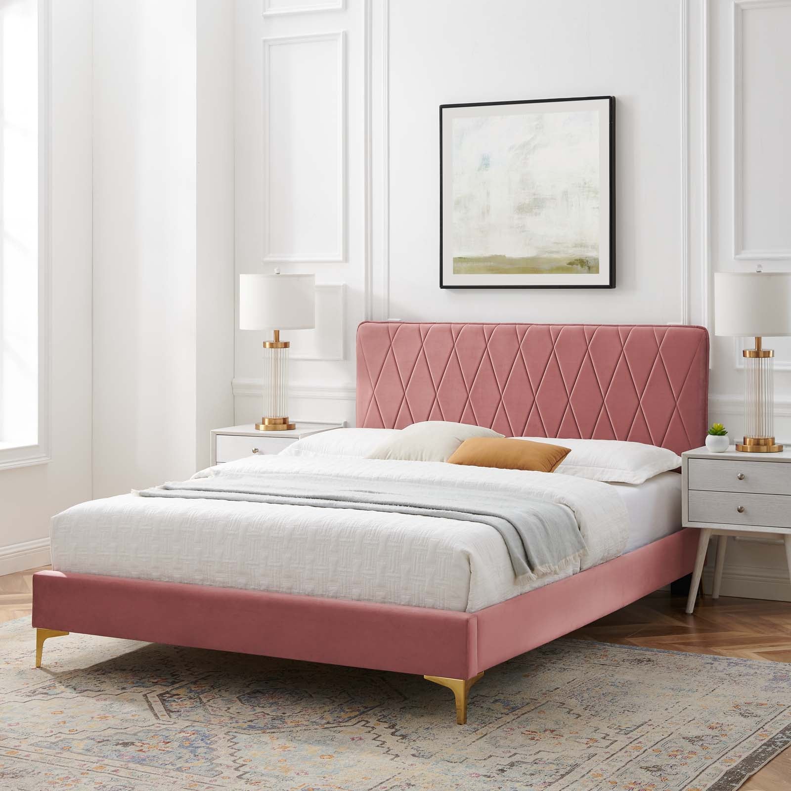 Modway Beds - Phillipa Velvet Queen Platform Bed Dusty Rose
