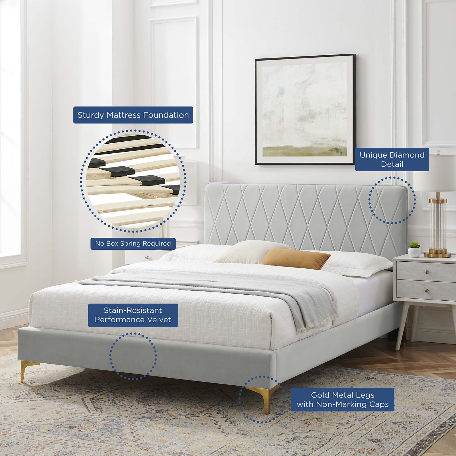 Modway Beds - Phillipa Velvet Queen Platform Bed Light Gray