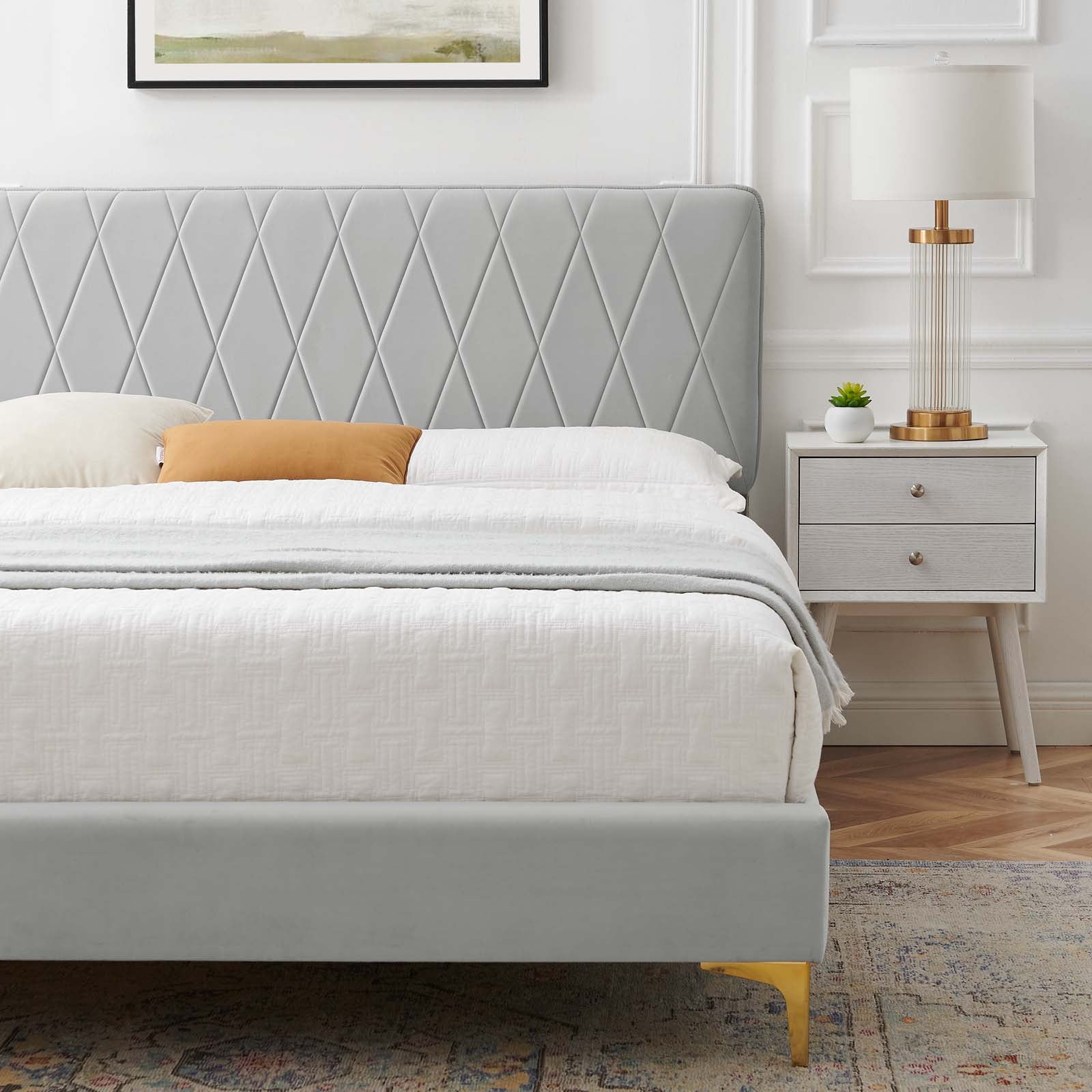Modway Beds - Phillipa Velvet Queen Platform Bed Light Gray