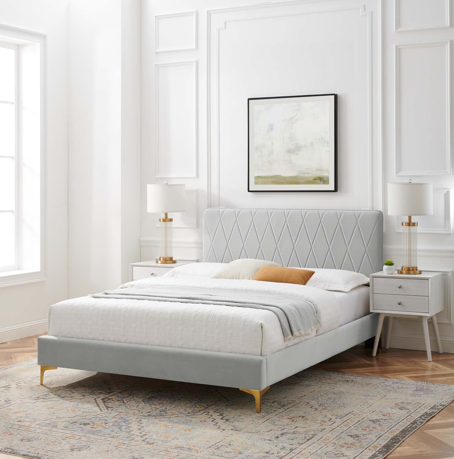 Modway Beds - Phillipa Velvet Queen Platform Bed Light Gray