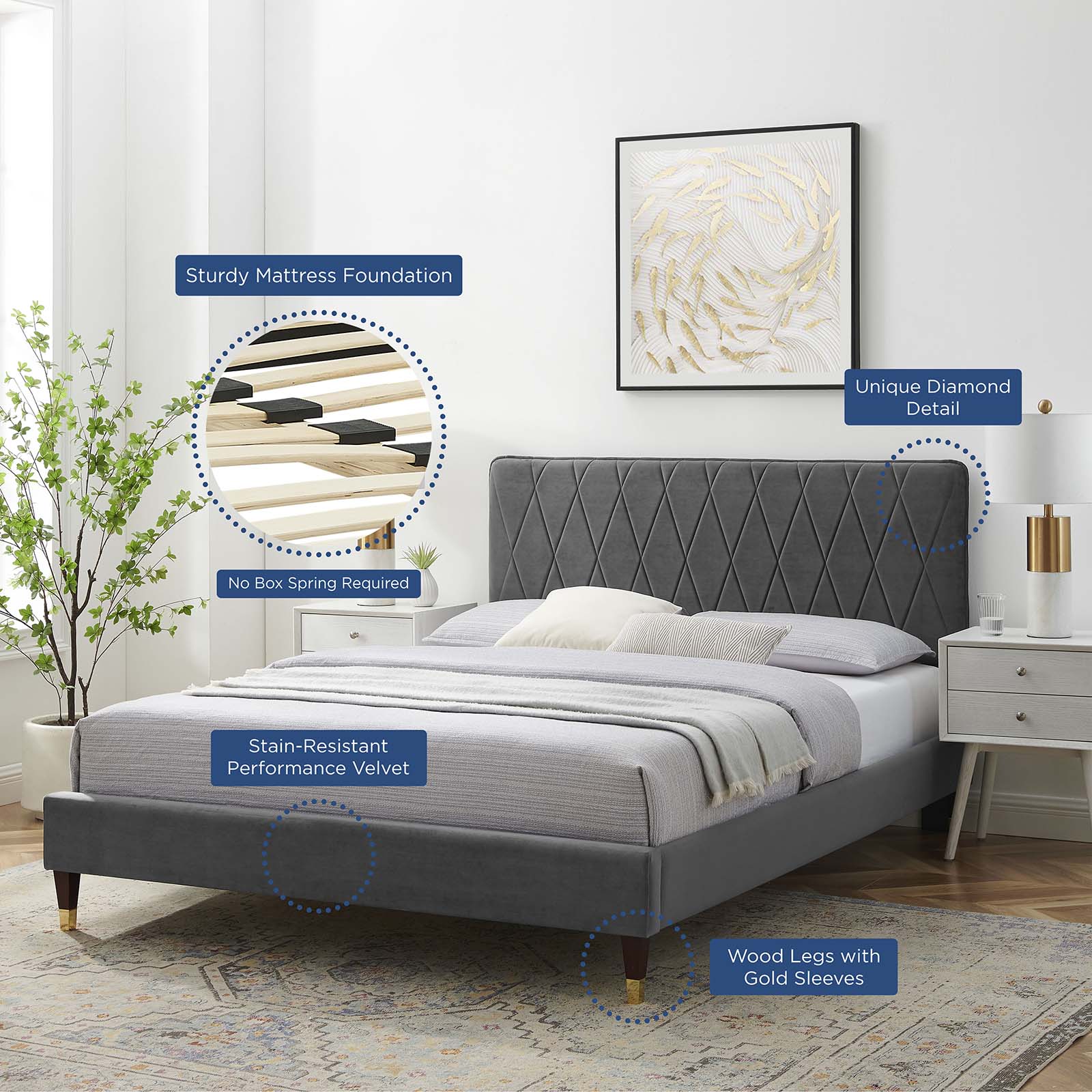 Modway Beds - Phillipa Performance Velvet Queen Platform Bed Charcoal