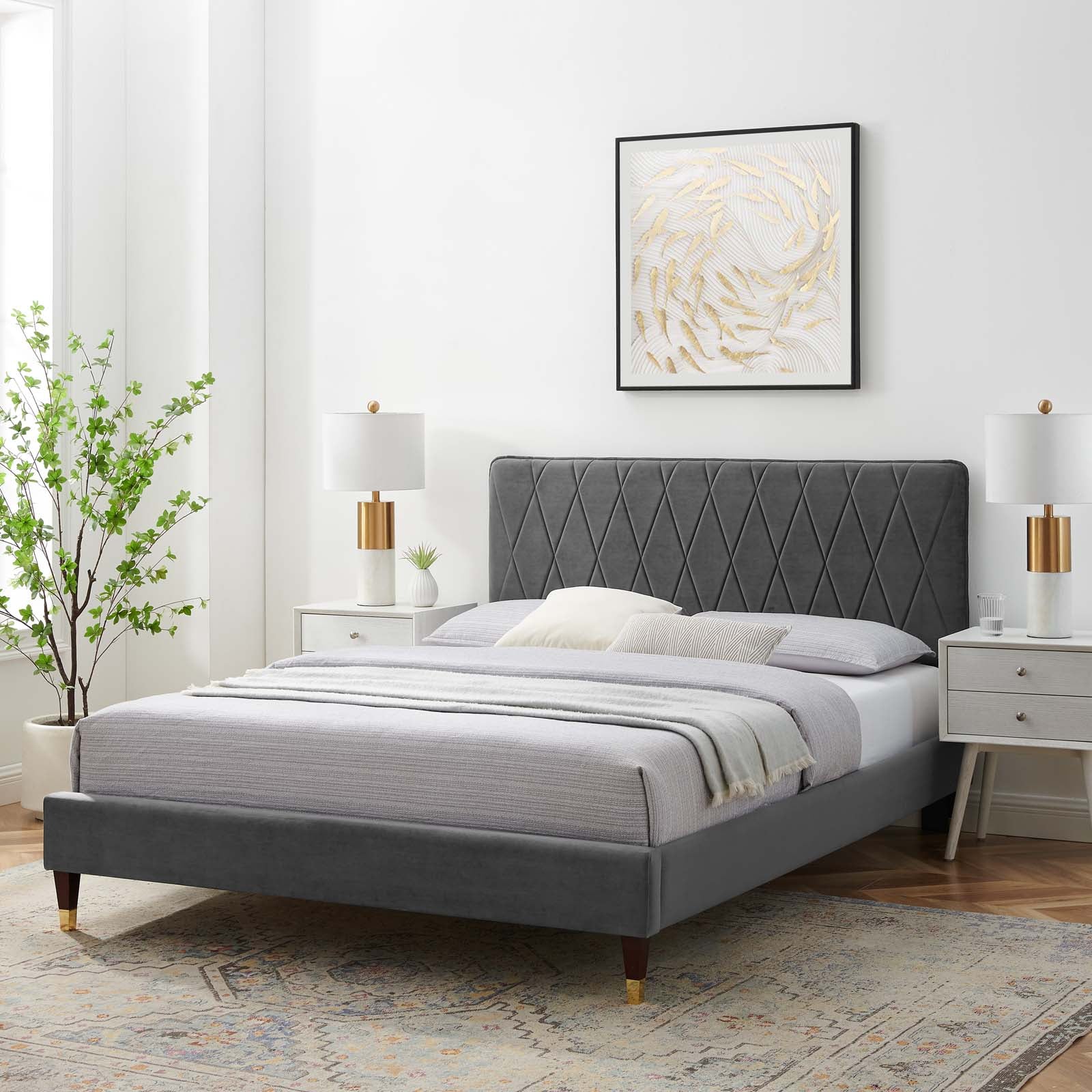 Modway Beds - Phillipa Performance Velvet Queen Platform Bed Charcoal