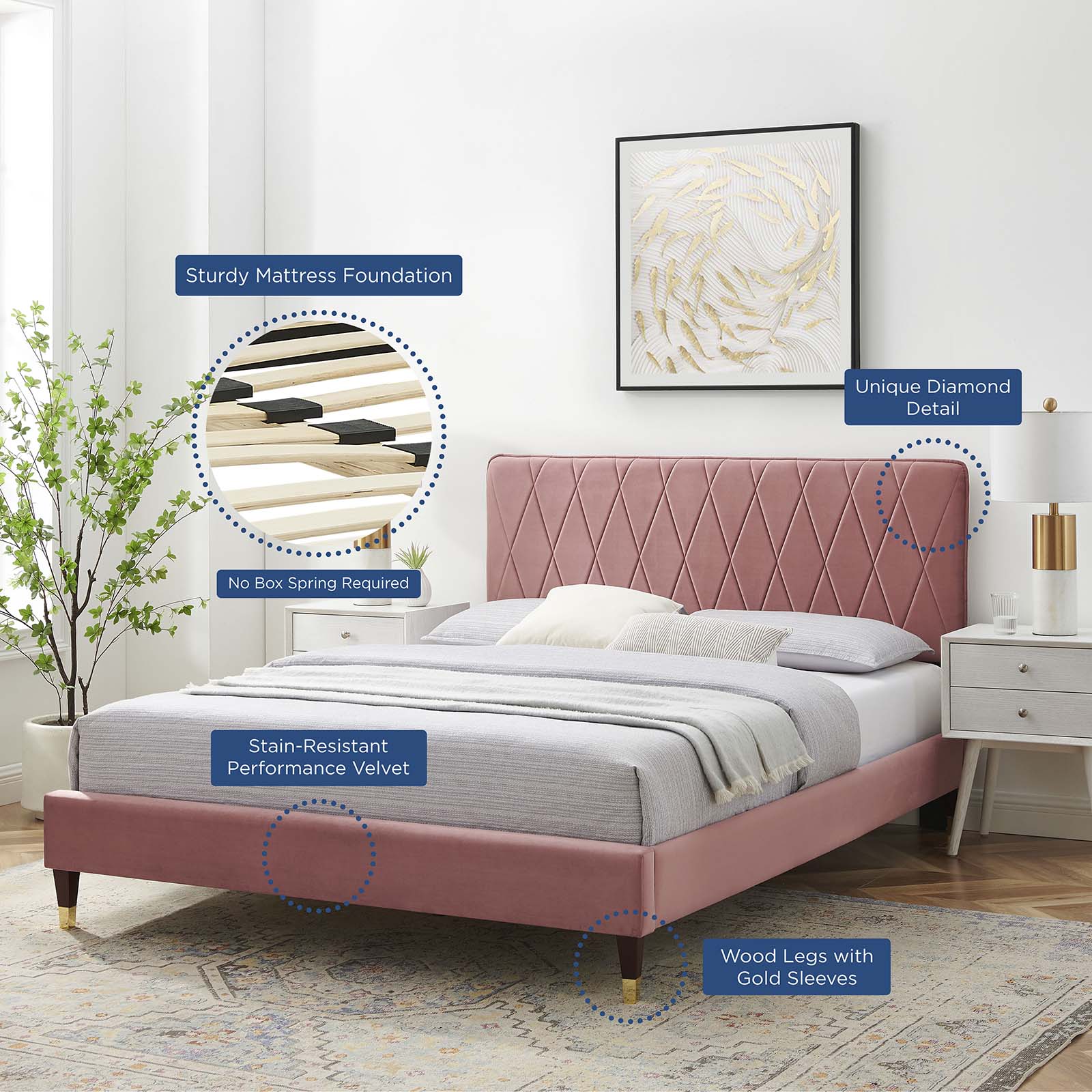 Modway Beds - Phillipa Performance Velvet Queen Platform Bed Dusty Rose