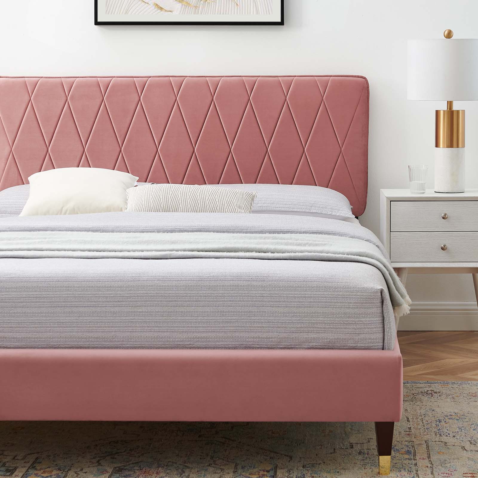 Modway Beds - Phillipa Performance Velvet Queen Platform Bed Dusty Rose
