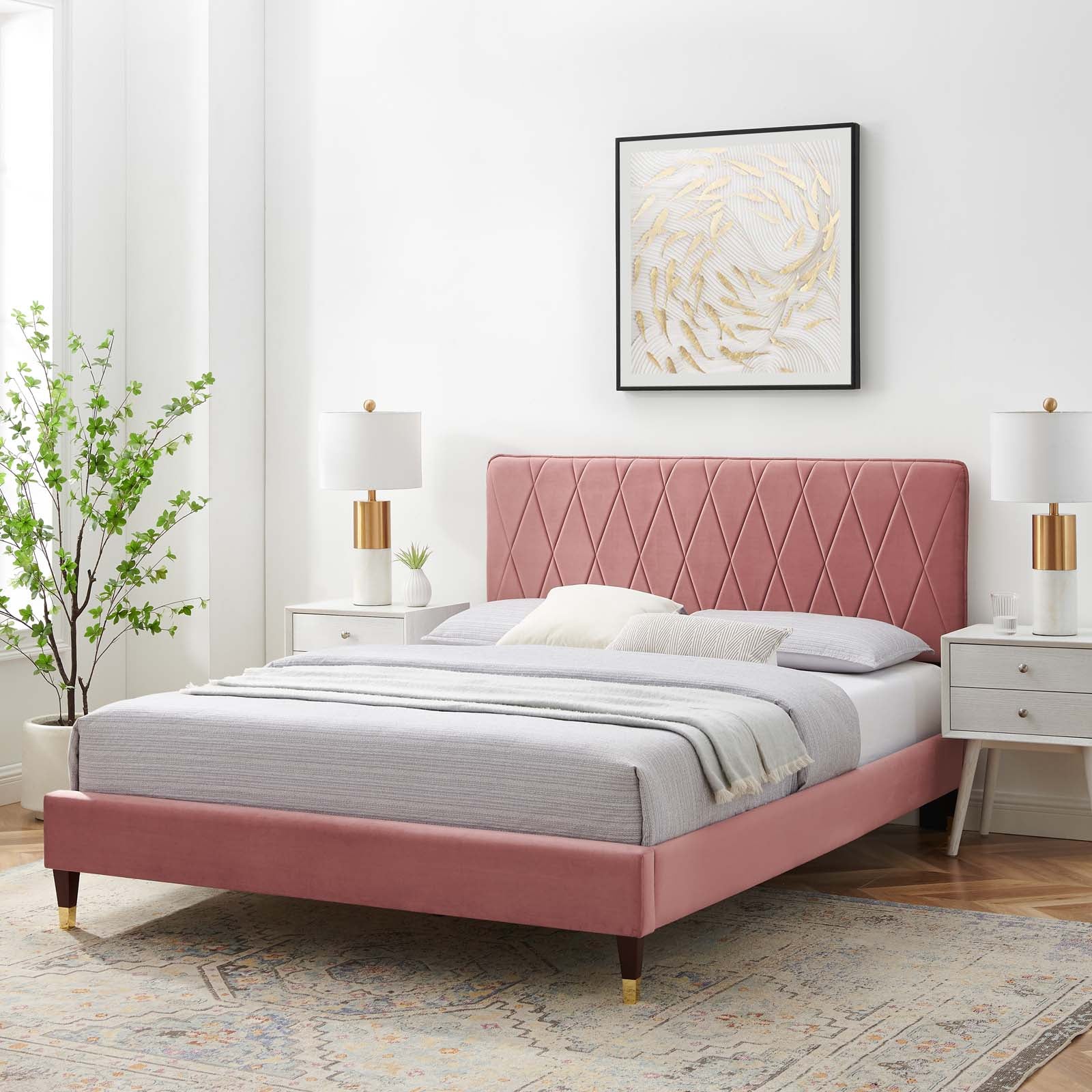 Modway Beds - Phillipa Performance Velvet Queen Platform Bed Dusty Rose