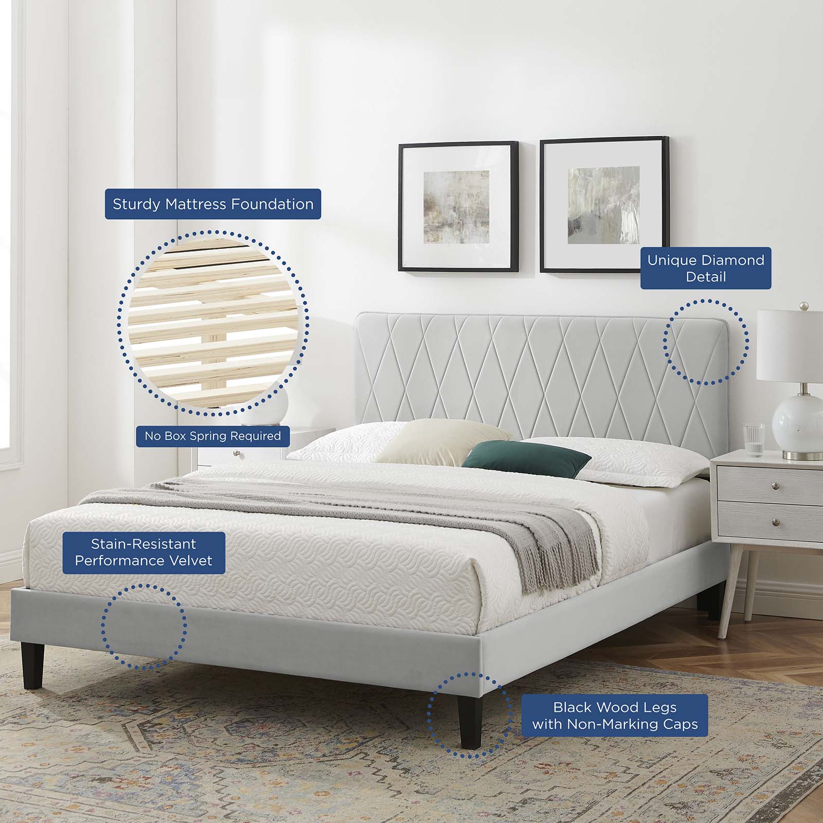 Modway Beds - Phillipa Performance Velvet Queen Platform Bed Light Gray