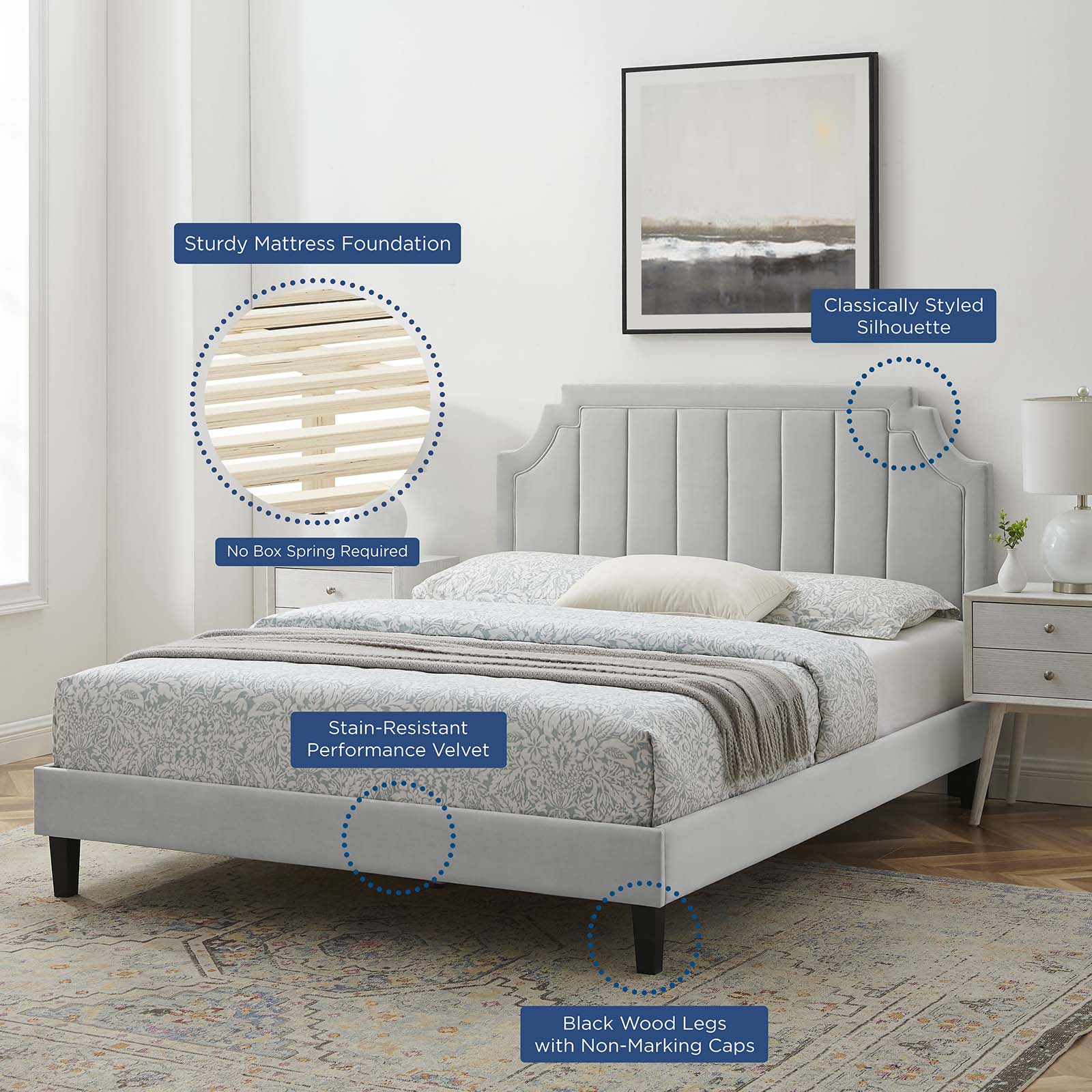Modway Beds - Sienna Performance Velvet Queen Platform Bed Light Gray