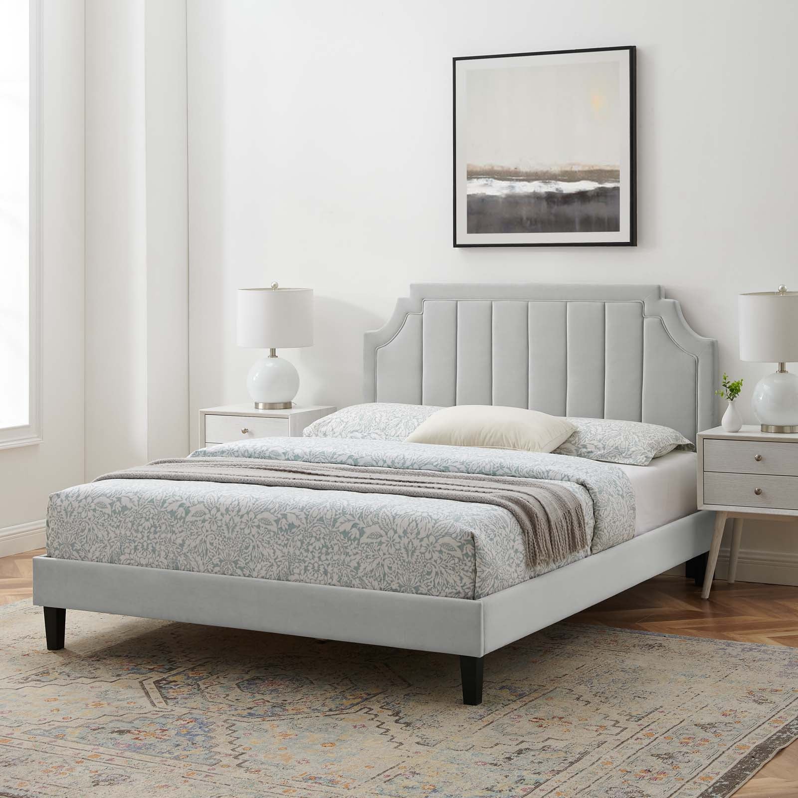 Modway Beds - Sienna Performance Velvet Queen Platform Bed Light Gray