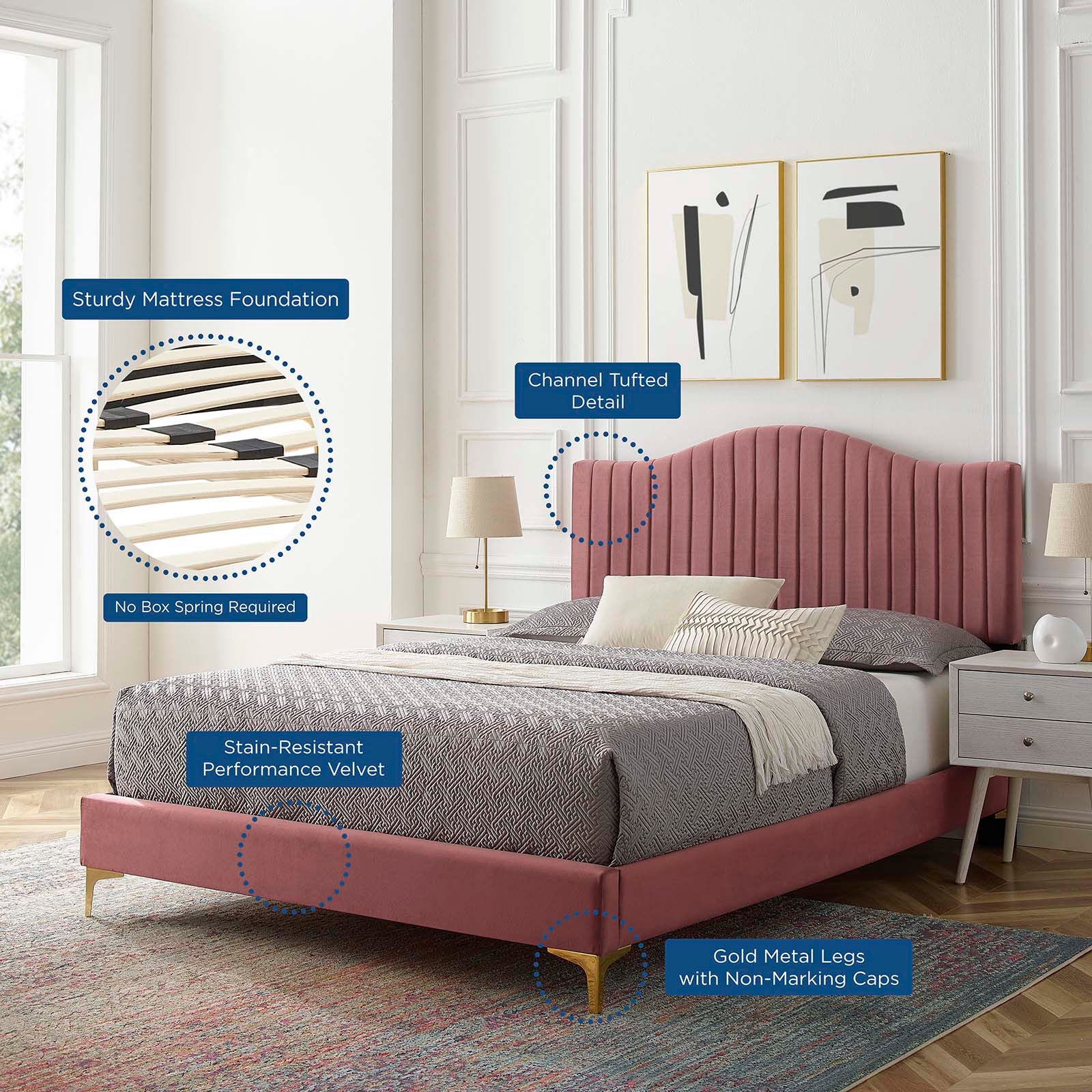 Modway Beds - Juniper-Channel-Tufted-Performance-Velvet-King-Platform-Bed-Dusty-Rose